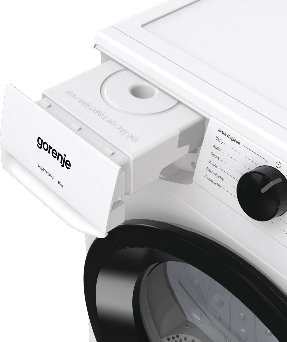 Weiße Waschmaschine Detail: Waschmittelschublade offen, Bedienelemente sichtbar. Gorenje-Marke.