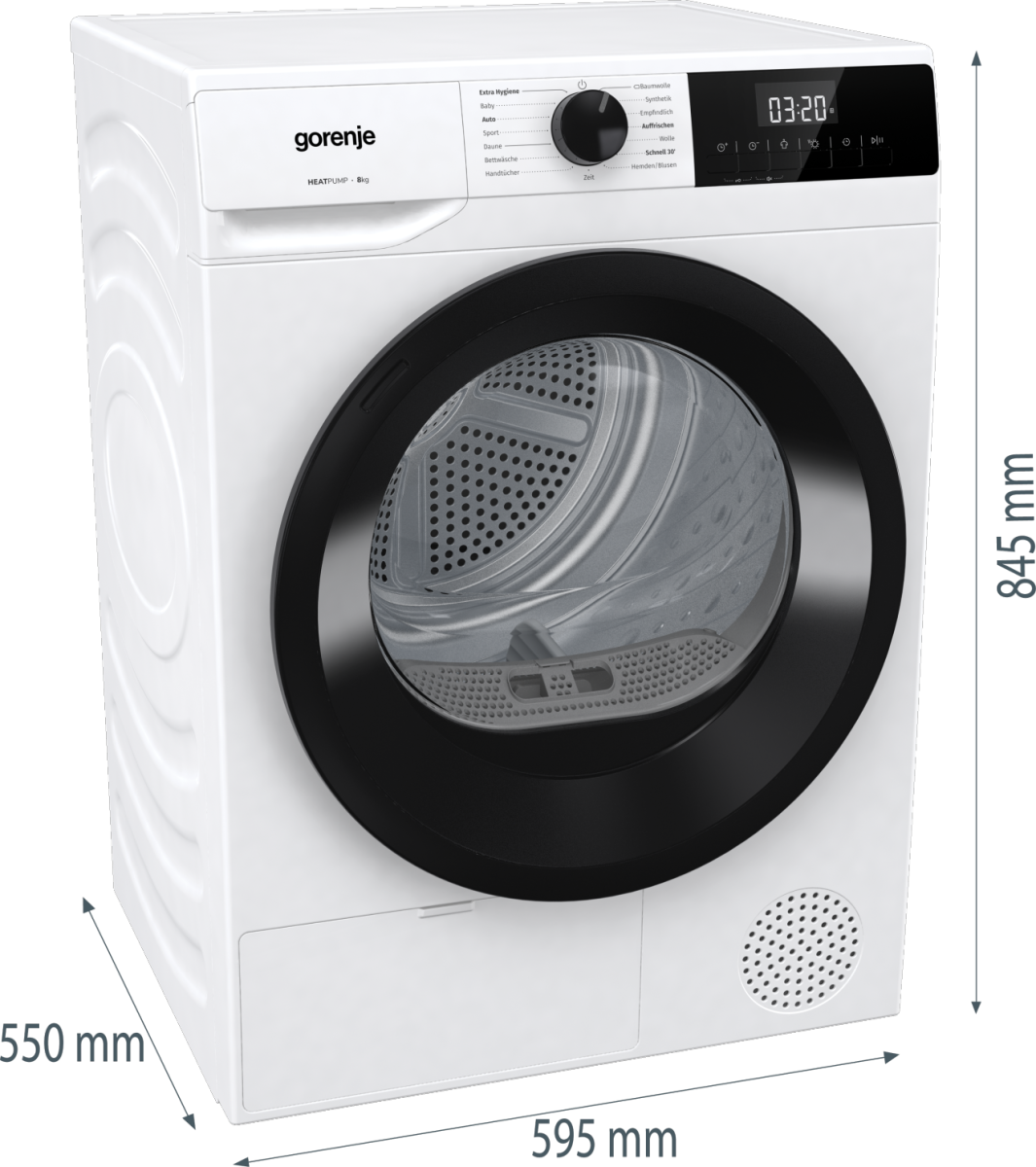 Ein weißer Gorenje-Trockner mit sichtbaren Abmessungen. Er hat eine schwarze Tür und ein Bedienfeld.