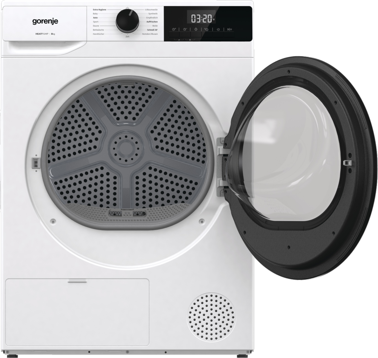 Weißer Trockner mit geöffneter Tür. Bedienfeld oben. Gorenje-Logo.