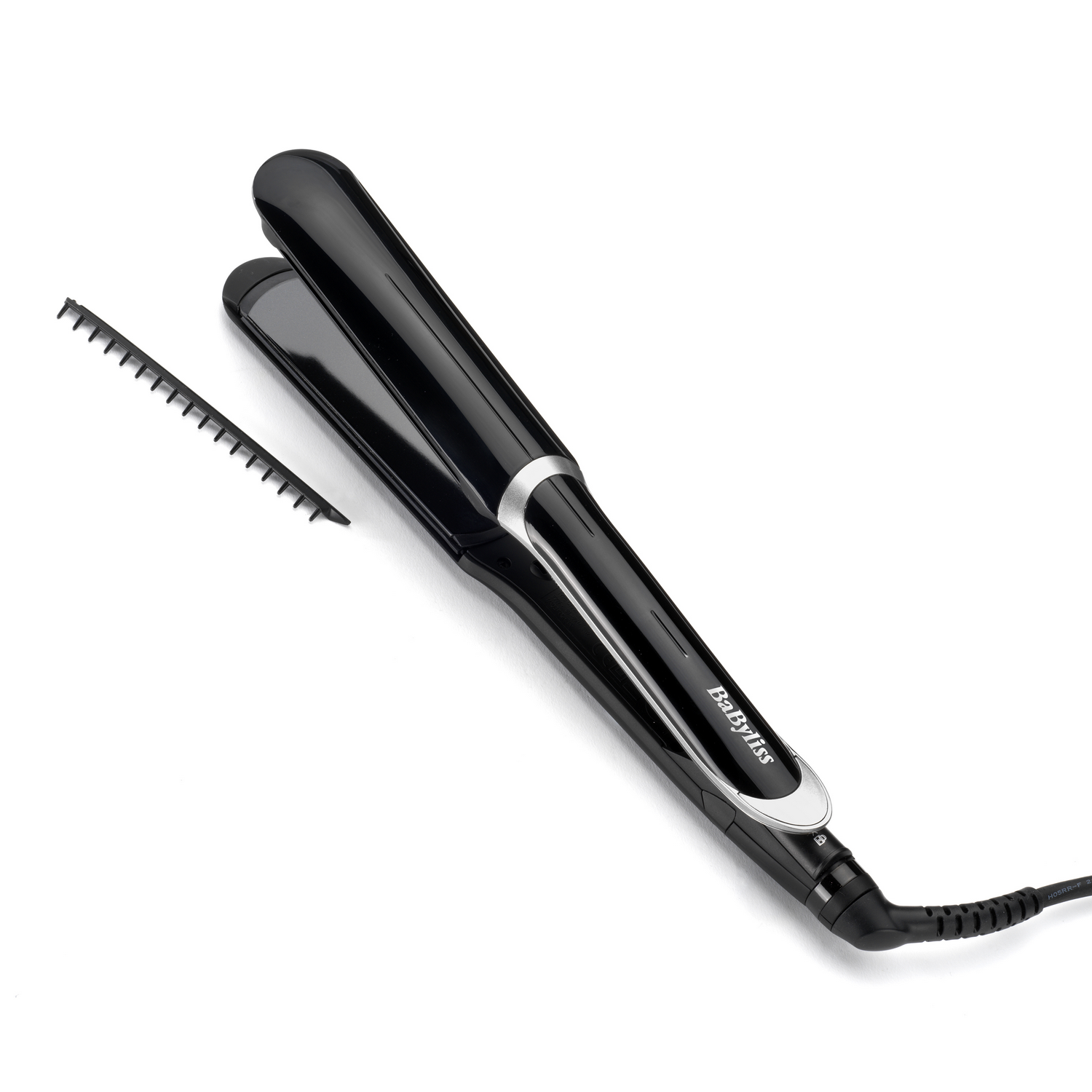 Plancha de pelo negra con peine sobre fondo blanco.