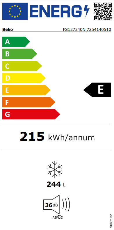 Beko hűtőszekrény energia címkéje, E energiaosztály. Műszaki adatokat tartalmaz.