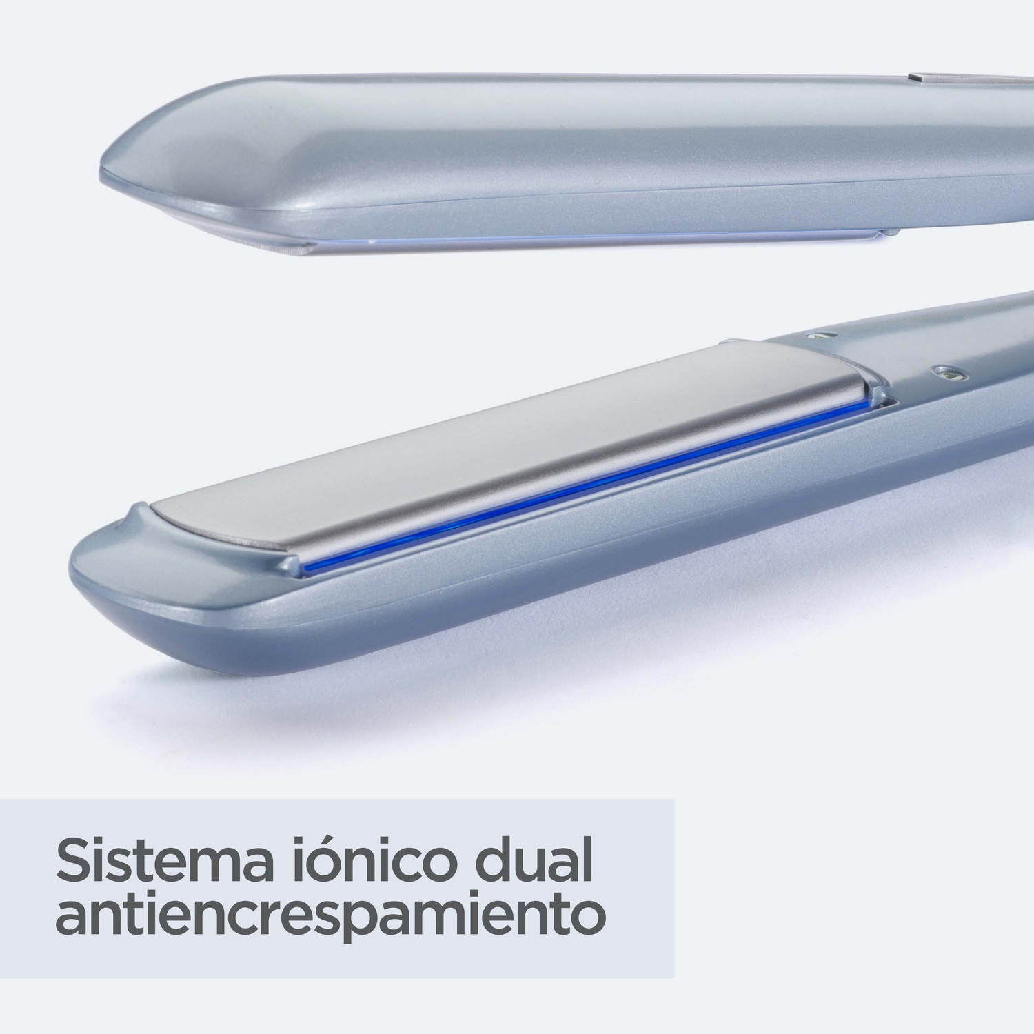 Plancha de pelo en gris y azul. El texto dice: sistema iónico dual.