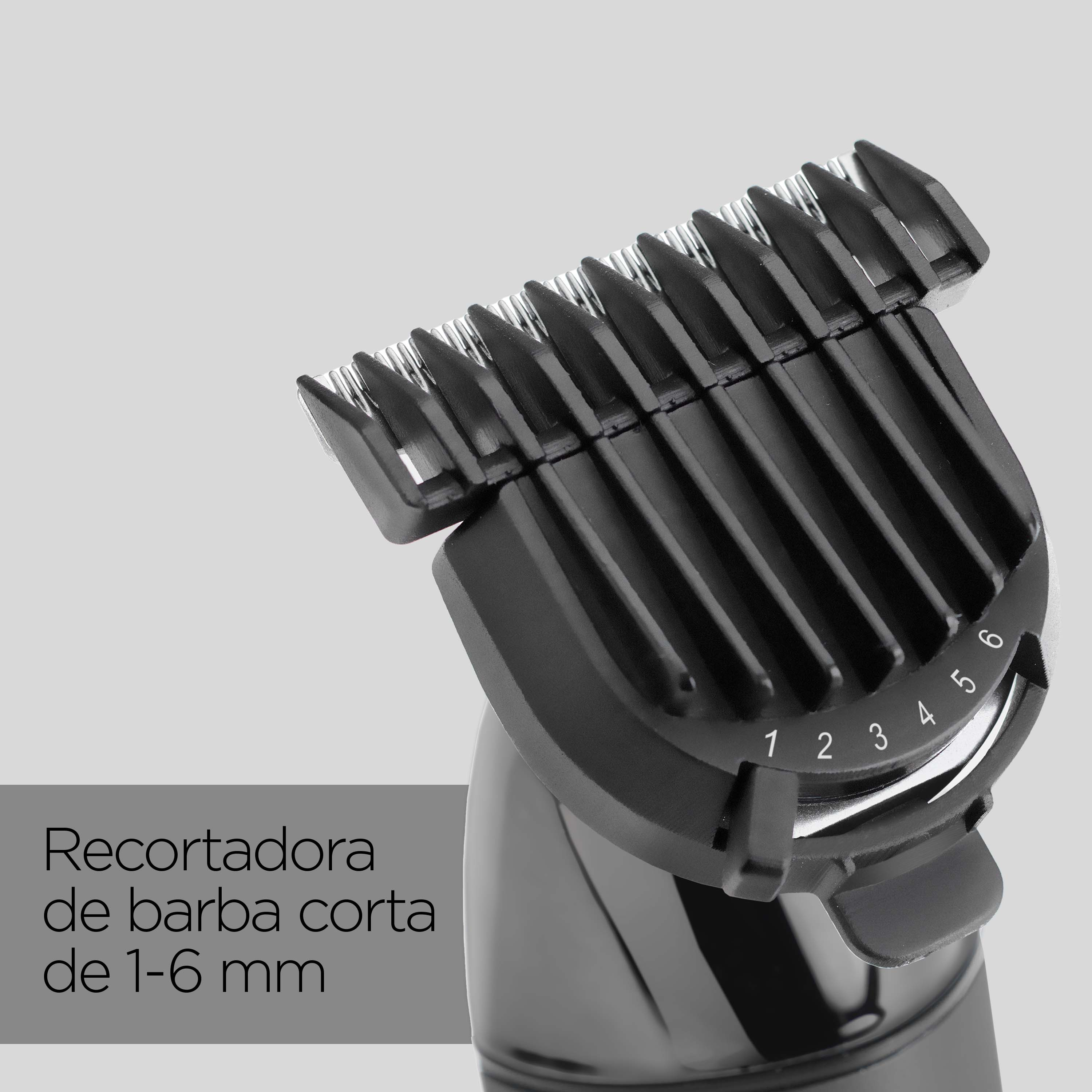 Primer plano de una recortadora de barba negra con ajustes de 1 a 6 mm.