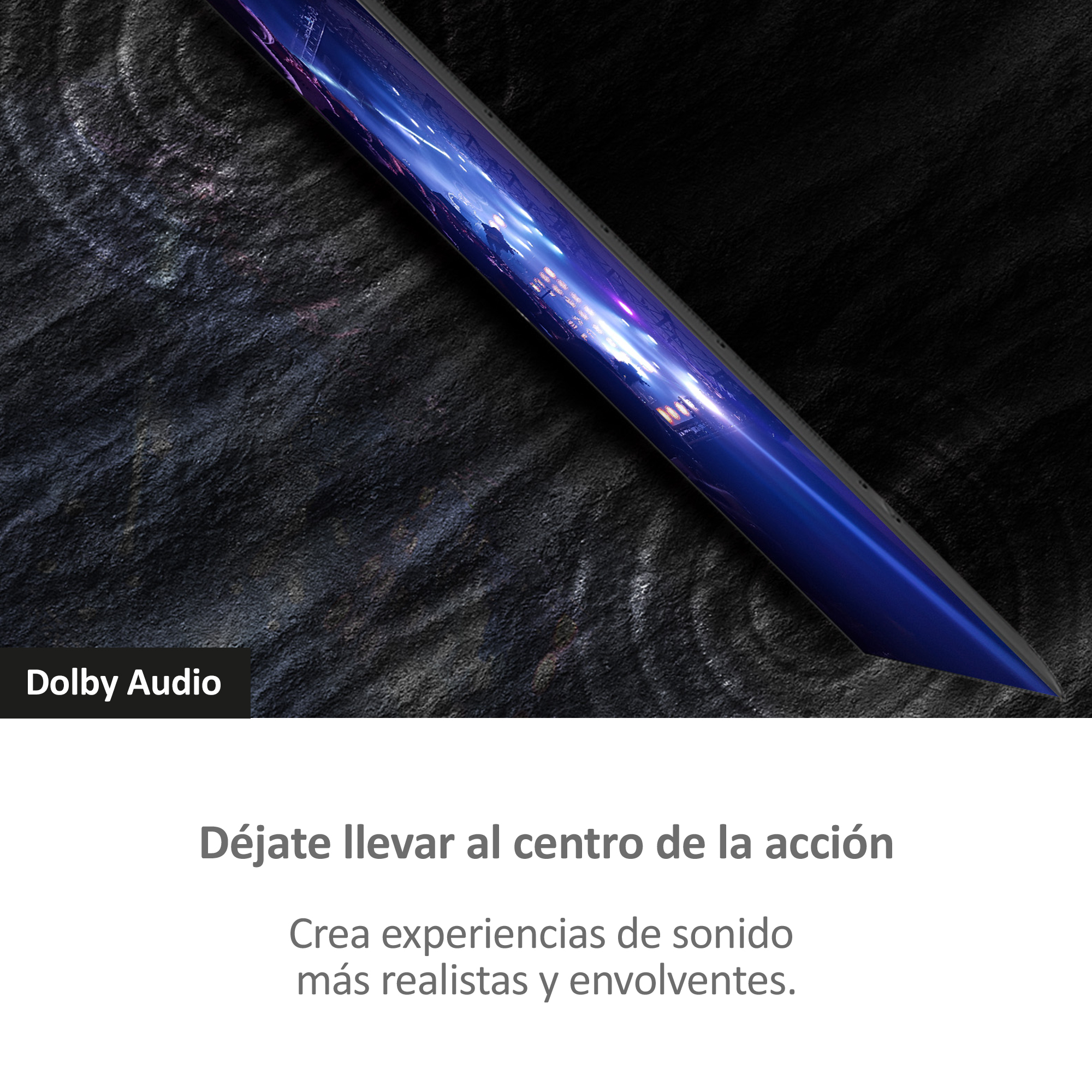 Un teléfono con un detalle azul y morado sobre una superficie texturizada.