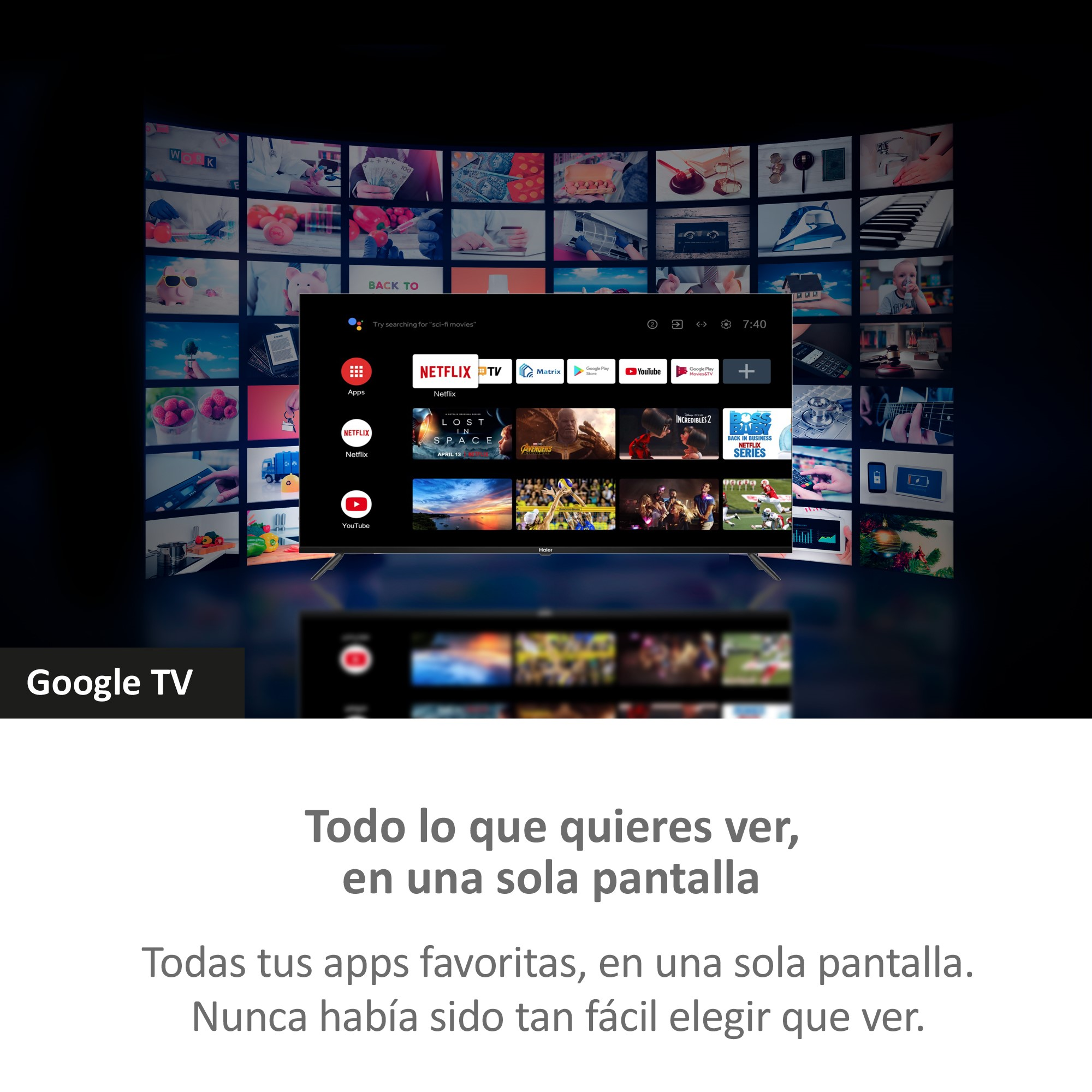 Una interfaz de Google TV que muestra varias aplicaciones y opciones de contenido en una pantalla grande.