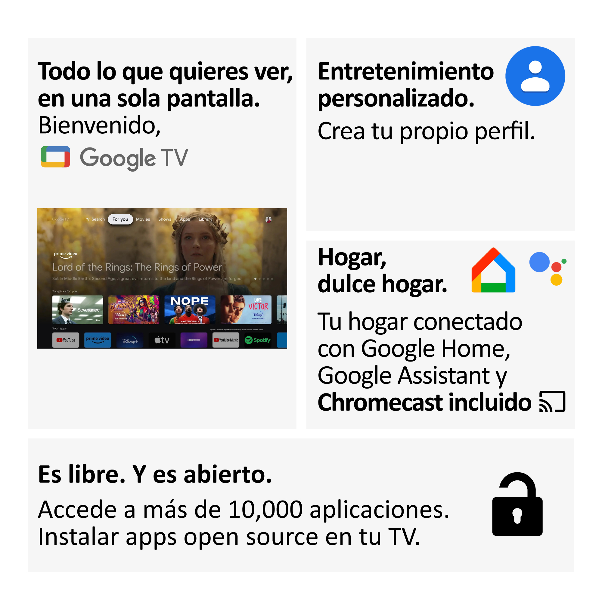 Imagen promocional con Google TV y texto en español, mostrando aplicaciones y funciones.