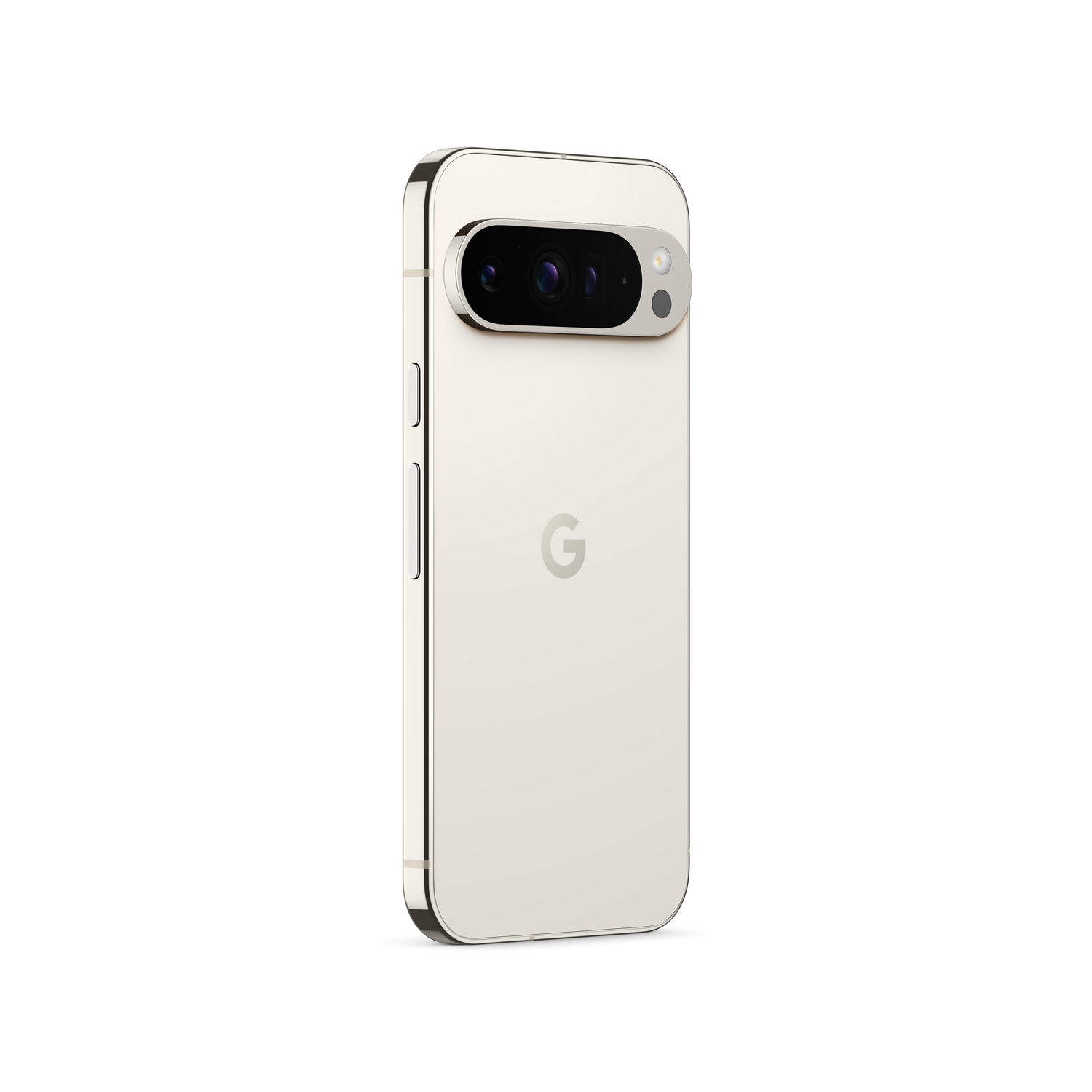Teléfono Google crema, vista trasera, con barra de cámara y logo G.