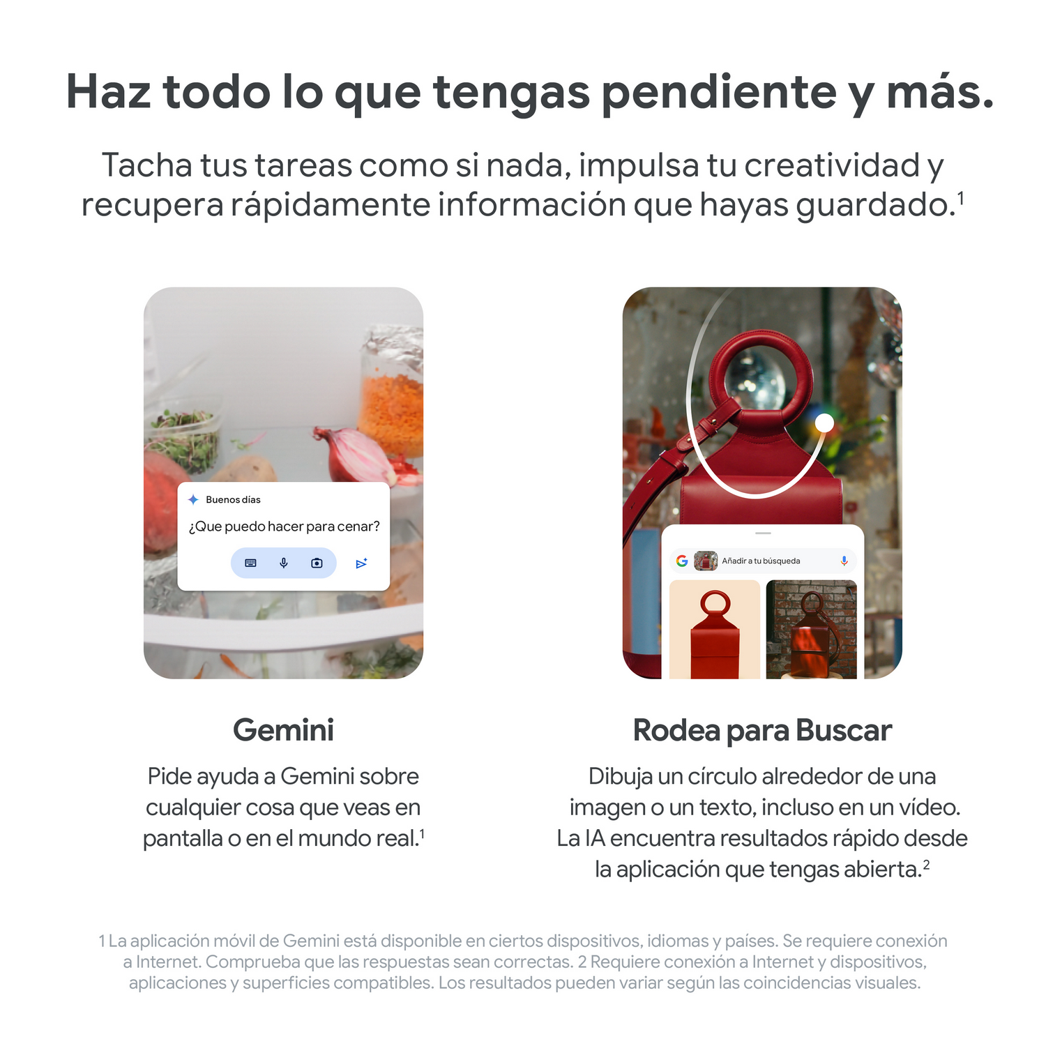 Dos imágenes muestran Gemini y una función de búsqueda, con texto relacionado.