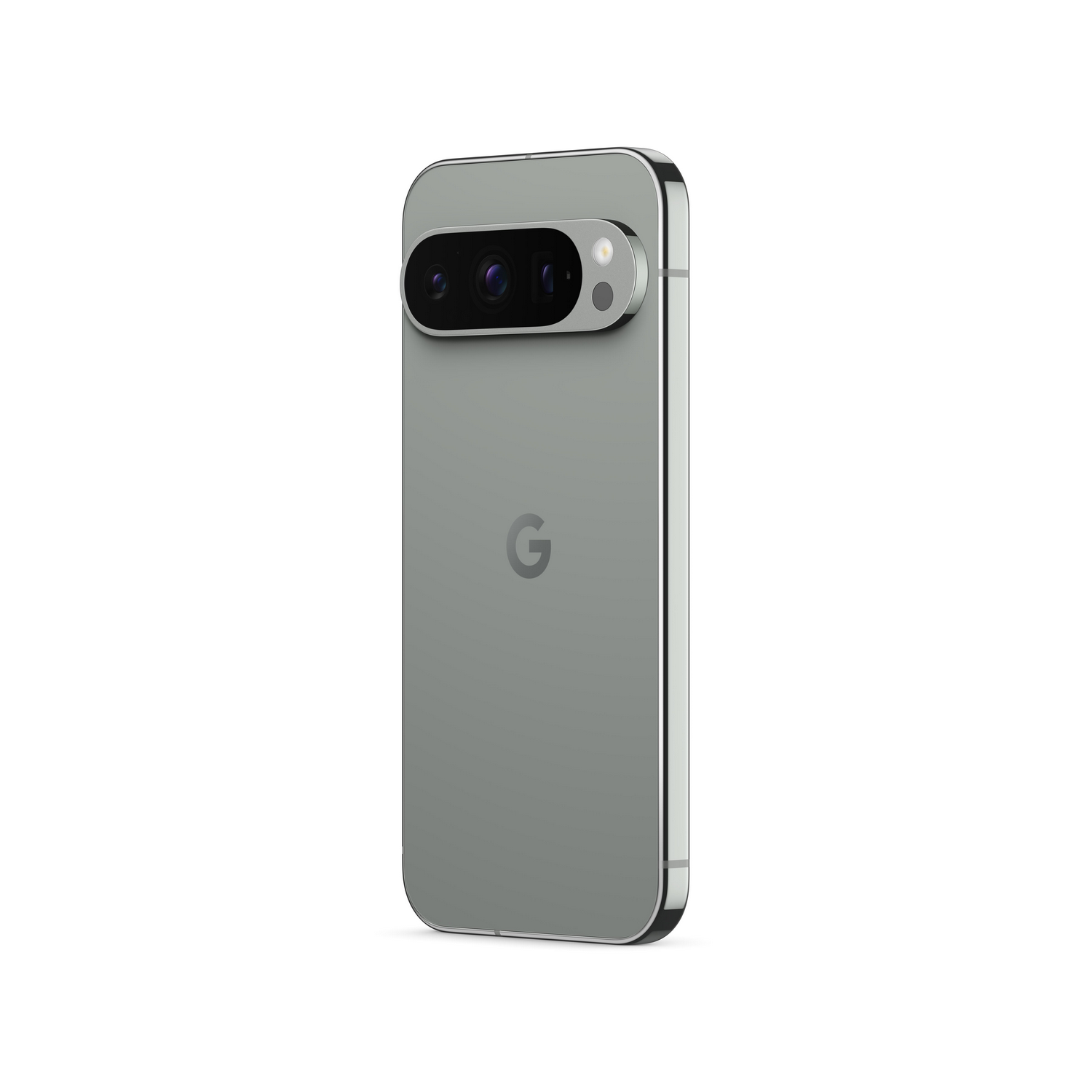 Teléfono plateado con cámaras. Parte trasera gris, protuberancia de cámara negra. Logotipo de Google.