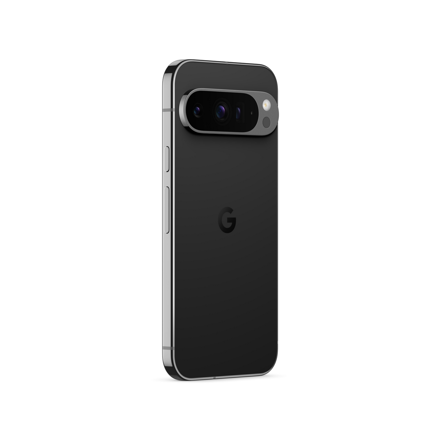 Smartphone negro con una barra de cámara prominente y un marco plateado.