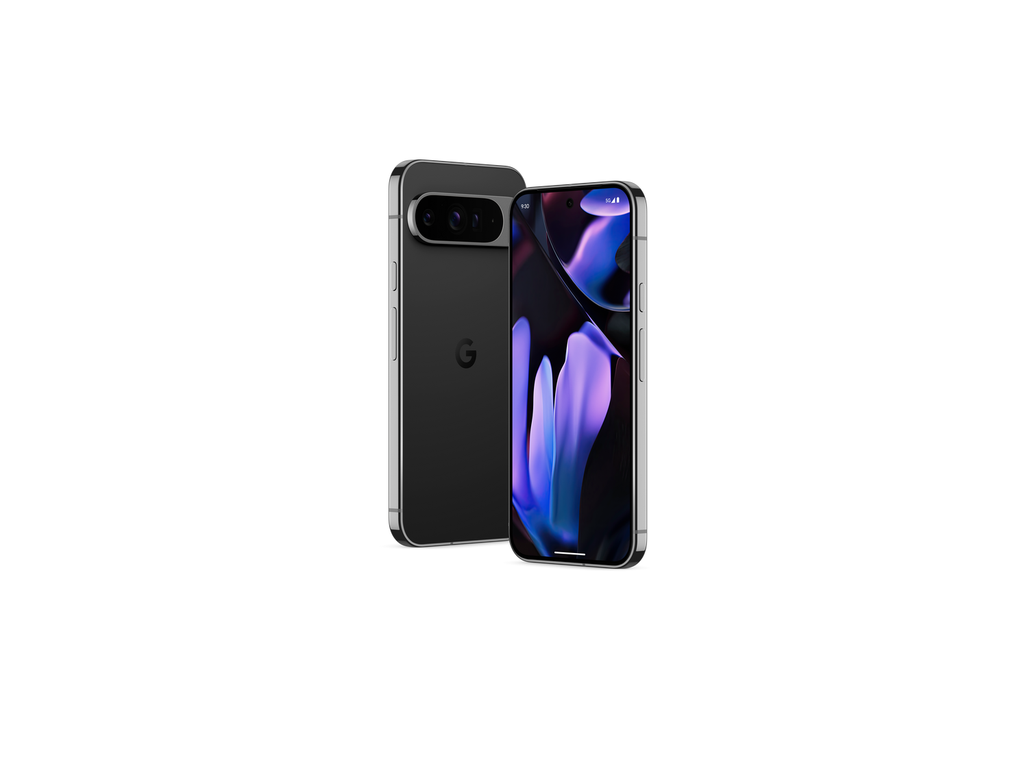 Dos teléfonos inteligentes negros, uno con la pantalla encendida, sobre fondo oscuro.