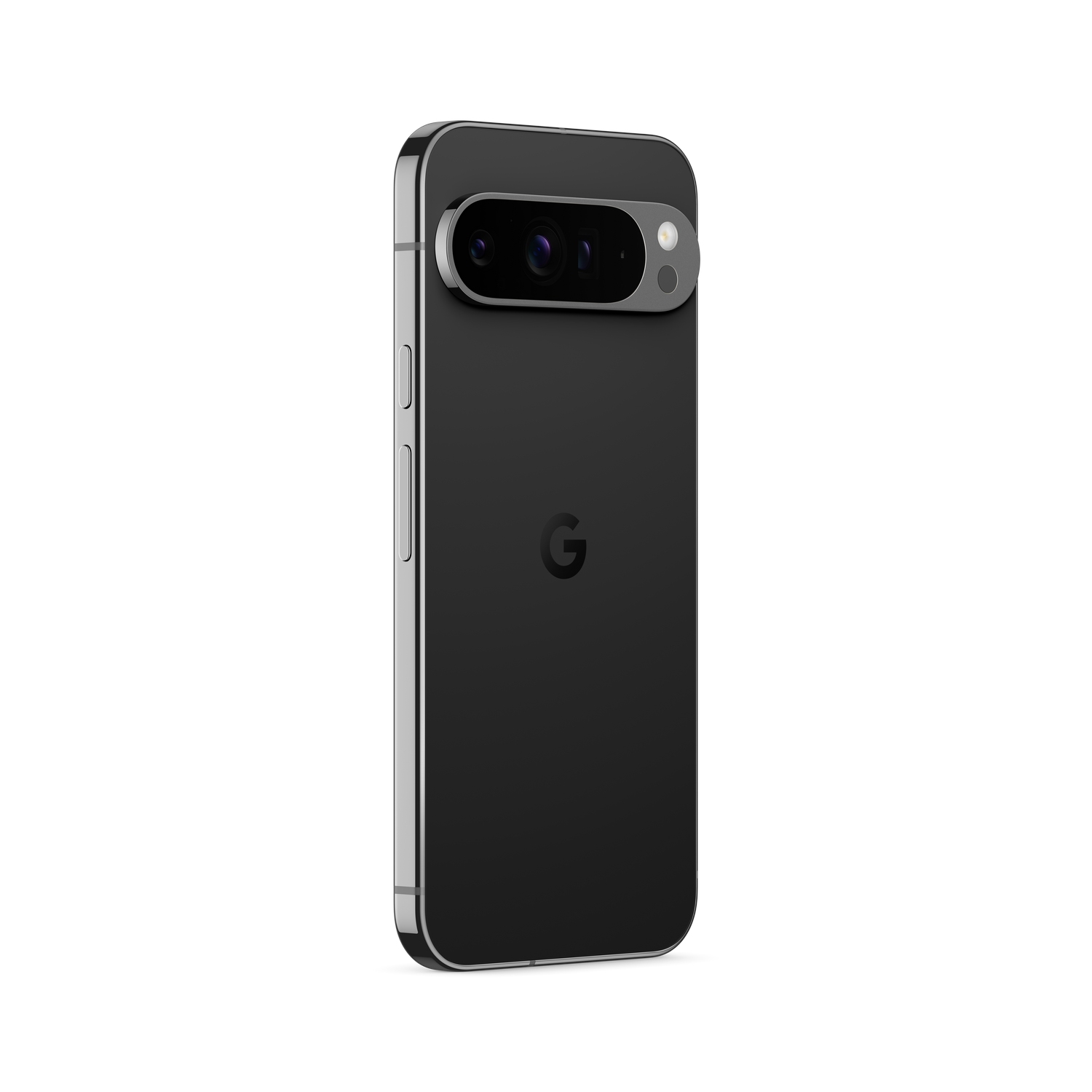 Teléfono Google Pixel negro con barra de cámara plateada. Vista trasera.