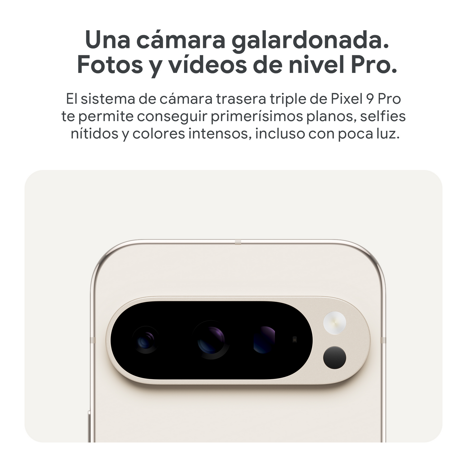 Conjunto de cámaras de teléfono inteligente, beige, con texto en español sobre fotos de nivel profesional.