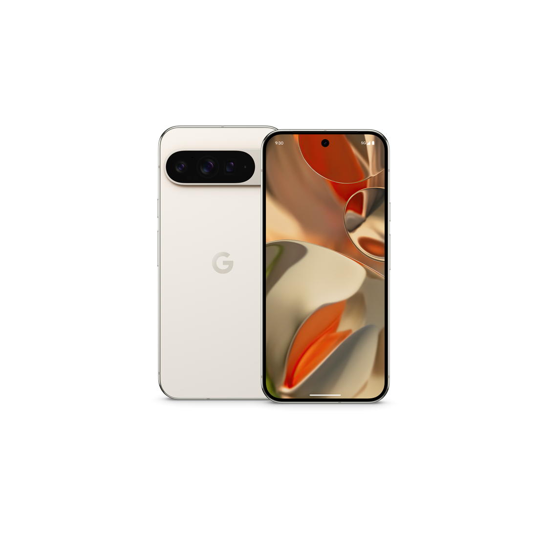 Smartphone blanco y crema, cámara dual en la parte trasera, dos cámaras en la pantalla frontal.
