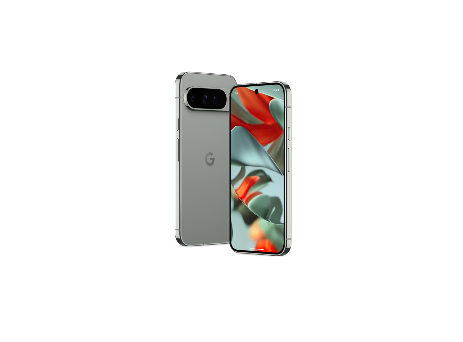 Dos smartphones, uno mostrando una pantalla. El otro muestra la parte trasera con cámara y el logo de Google.