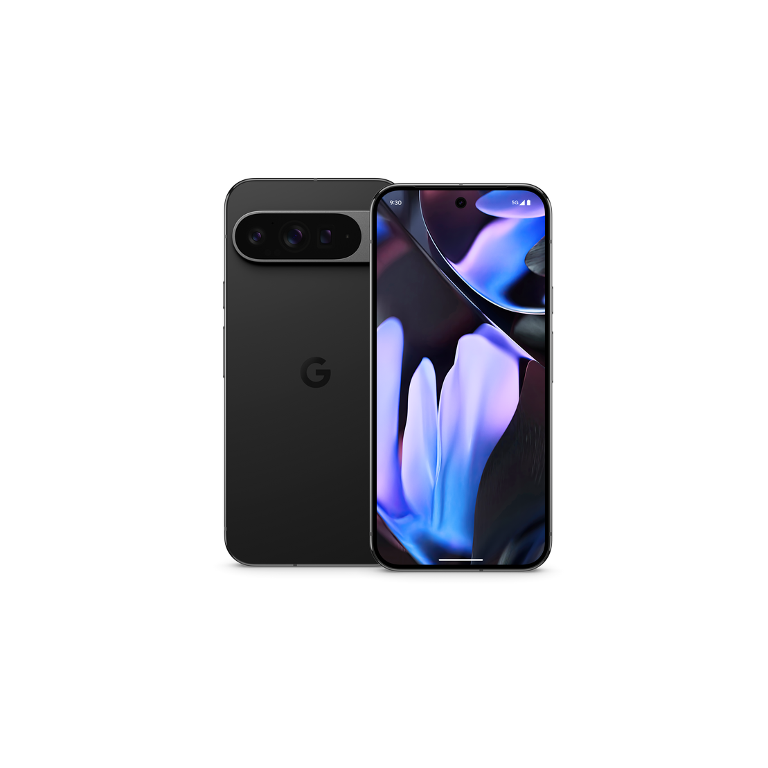 Un teléfono Google Pixel Fold negro, mostrando las pantallas plegadas y desplegadas.