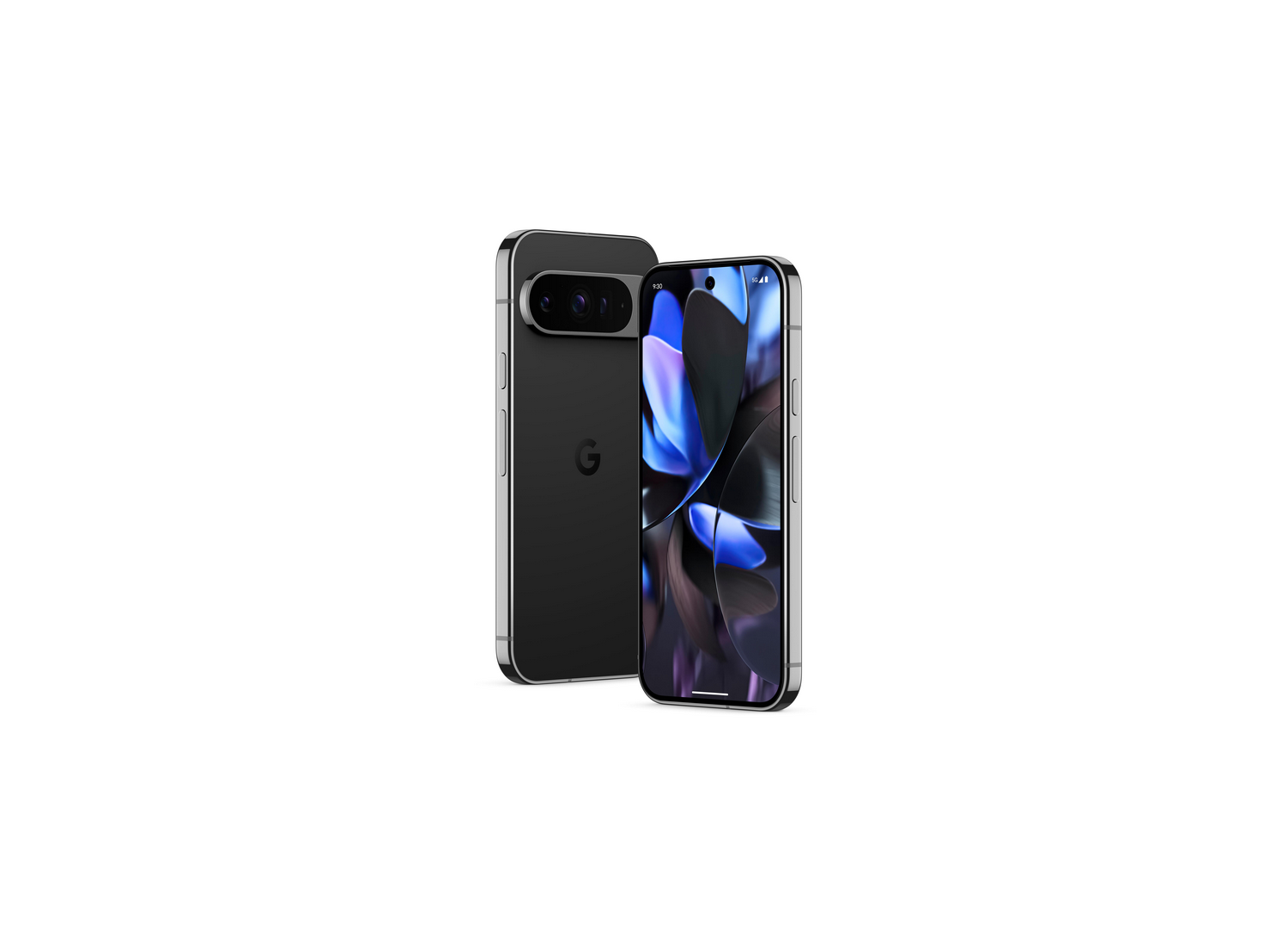 Teléfono Google Pixel negro, con pantalla que muestra un patrón floral, vista lateral.