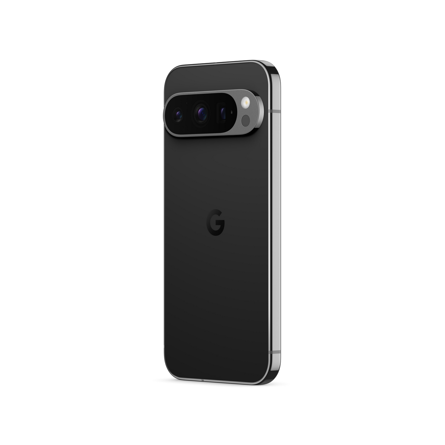Teléfono negro con marco plateado, vista trasera, logo de Google, barra de cámara.