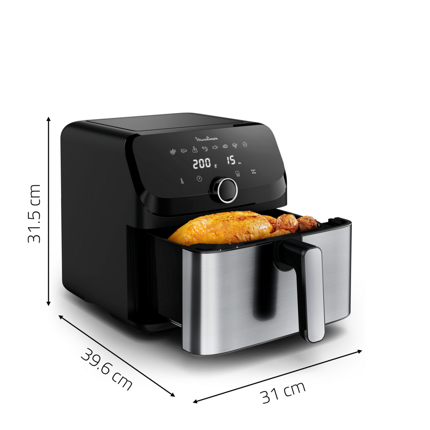Freidora de aire negra con dimensiones etiquetadas. Pollo dentro de la cesta.