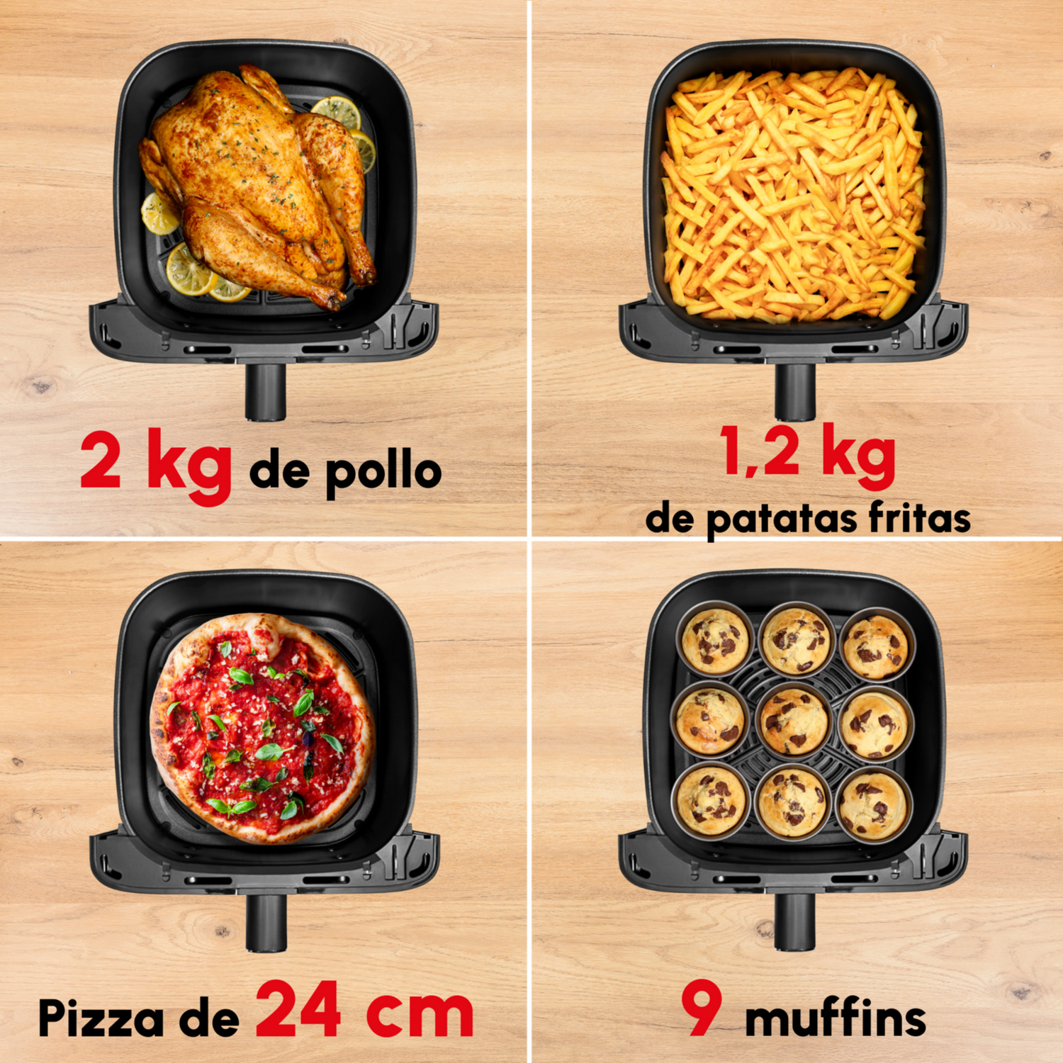 Freidora de aire mostrando pollo, papas fritas, pizza y muffins en cestas.