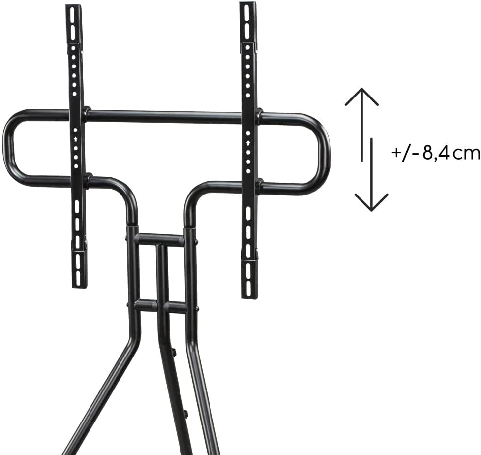 Soporte de TV negro con altura ajustable. Flecha indica rango de ajuste. Fondo blanco y negro.