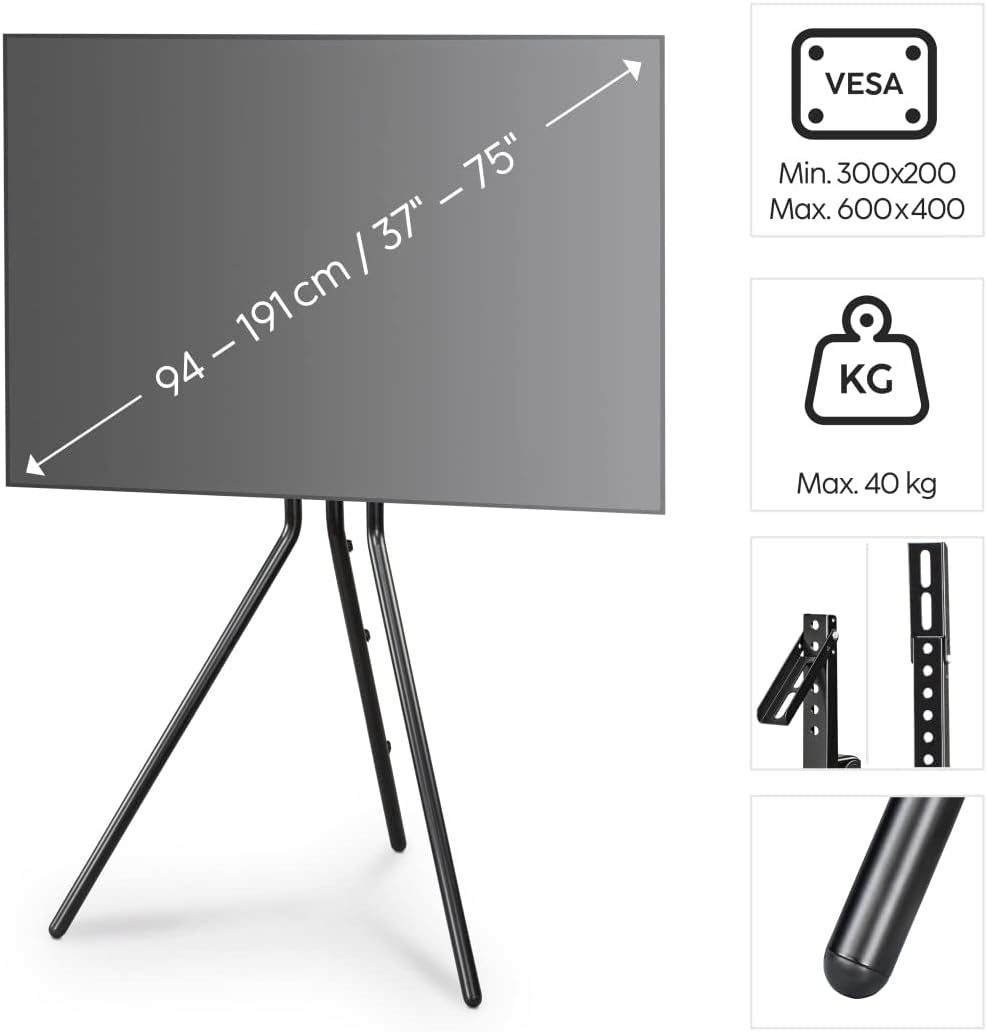 Un televisor negro sobre un soporte de trípode. El texto indica el tamaño de la pantalla y la capacidad de peso.