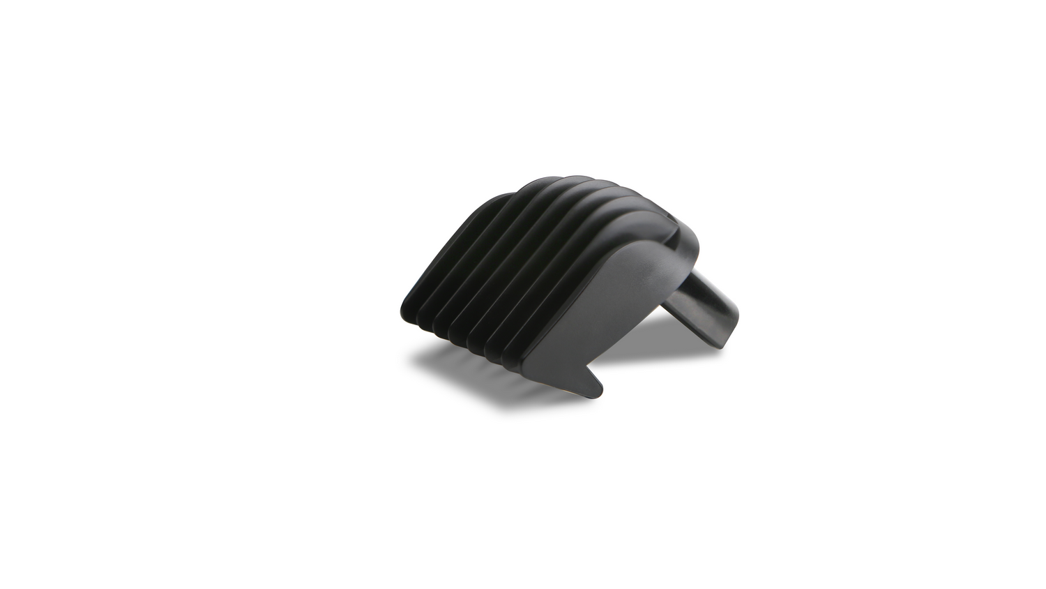 Un accesorio negro para recortador de barba. Es una pieza tipo peine con forma curva.