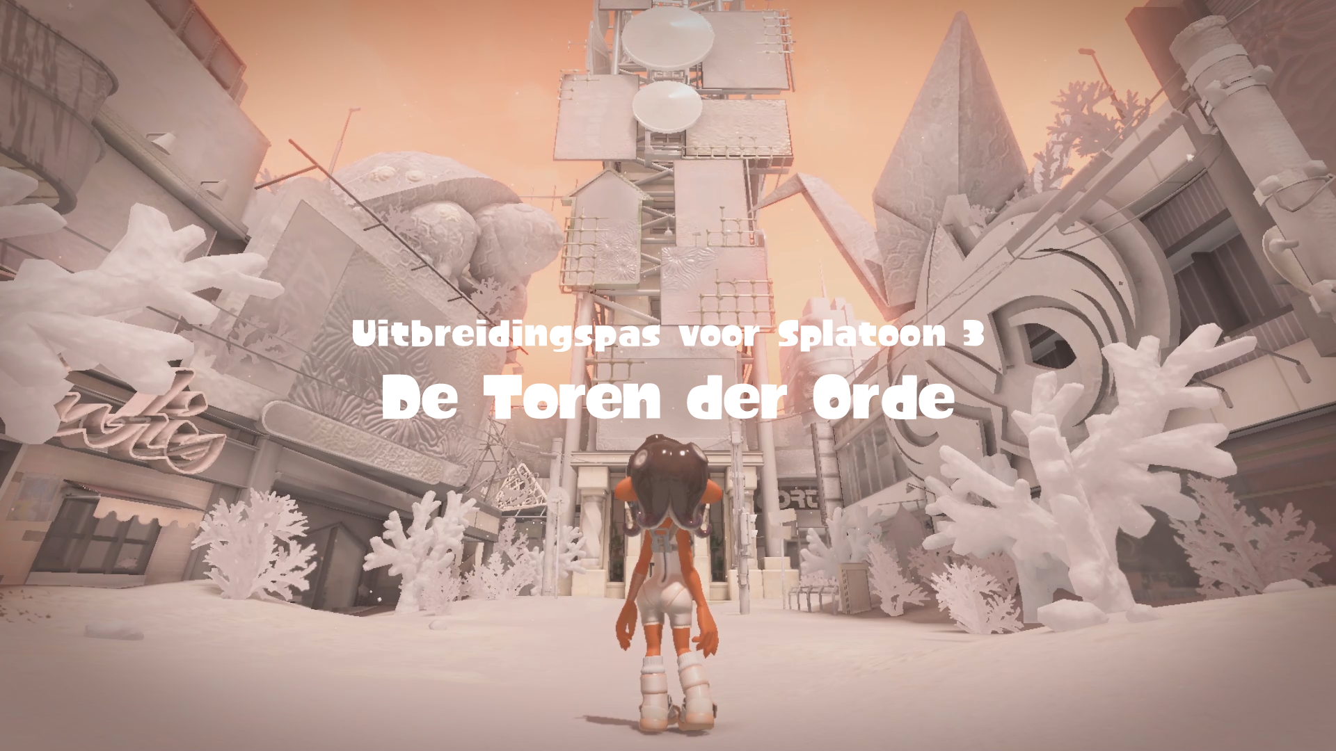 Game scène. Sneeuwstad. Tekst in het Nederlands: Uitbreidingspas voor Splatoon 3 - De Toren der Orde.