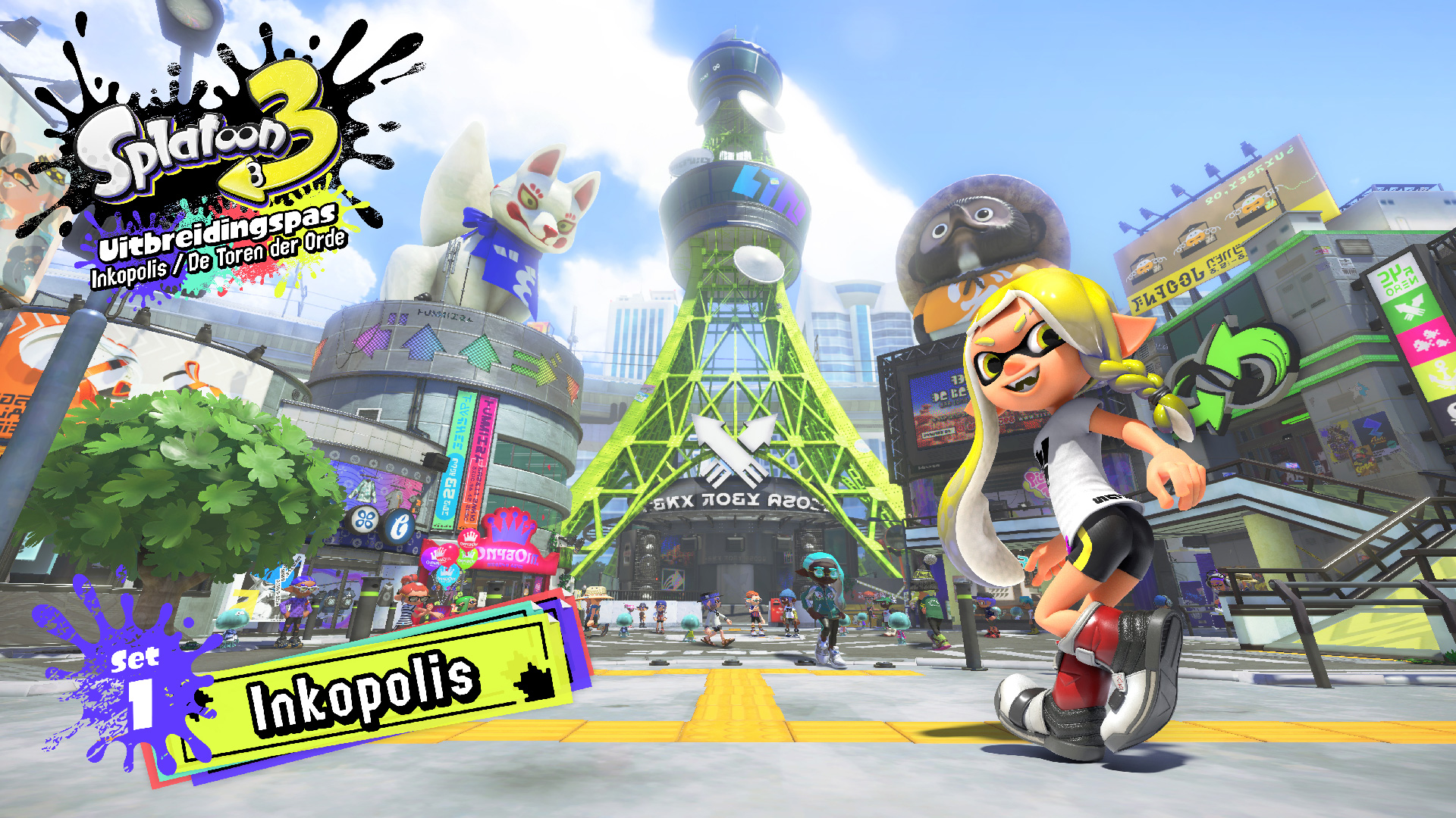 Een levendige Splatoon 3-game scene met personages, gebouwen en een heldere hemel.