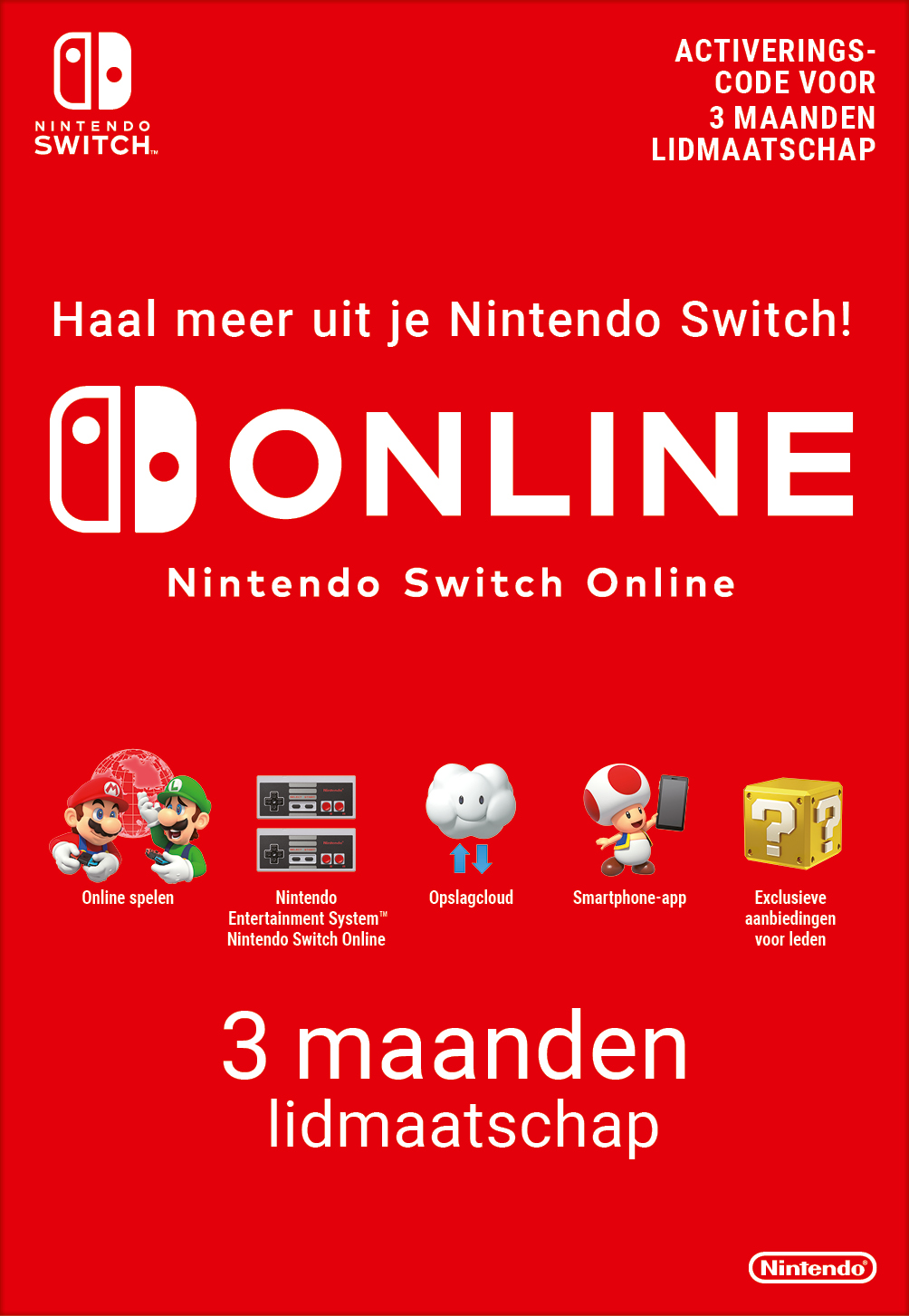 Rode Nintendo Switch Online-kaart. Het adverteert een lidmaatschap van 3 maanden. Het heeft Nintendo Switch-logo's.