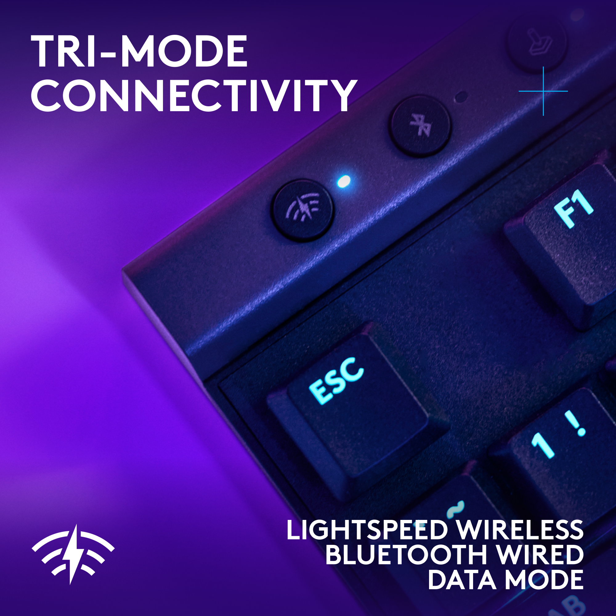 Un clavier sombre avec des touches de fonction, un logo et du texte sur la connectivité.