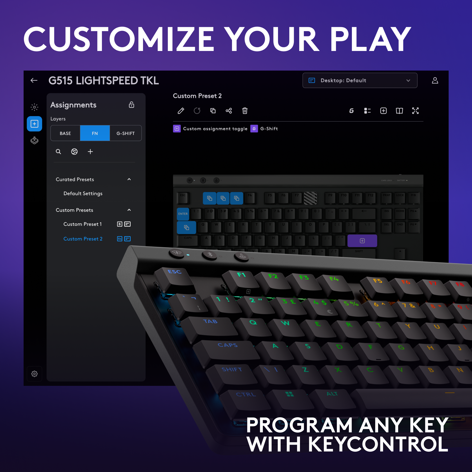 Clavier noir avec touches rétro-éclairées, interface numérique affichant les options de personnalisation.