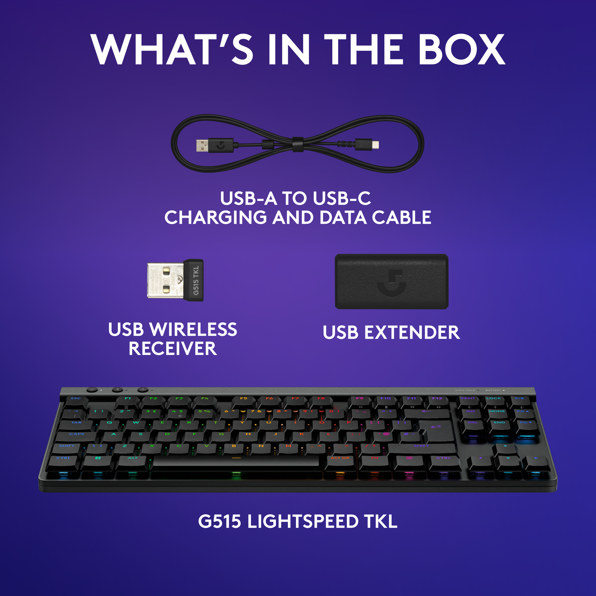 Contenu de la boîte : câble, récepteur, prolongateur et clavier. Fond violet.