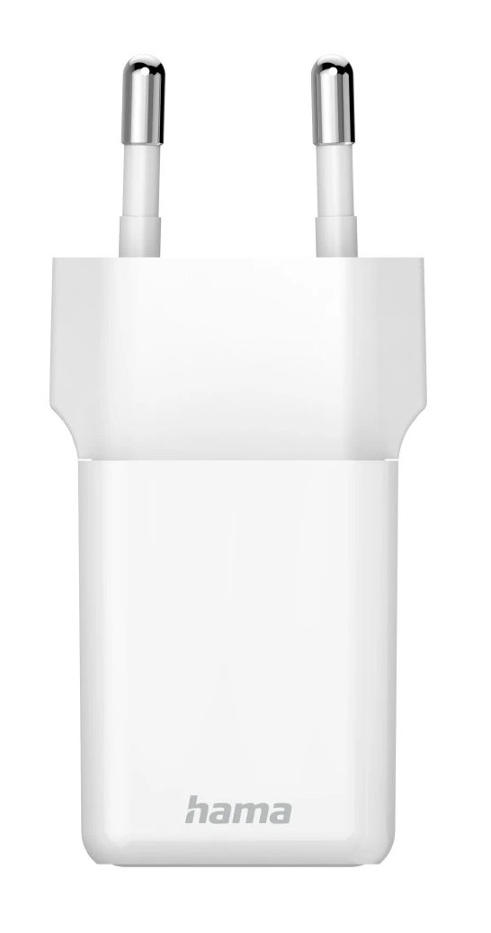 Biała ładowarka ścienna z dwoma srebrnymi bolcami. Słowo 'hama' jest wydrukowane na ładowarce.