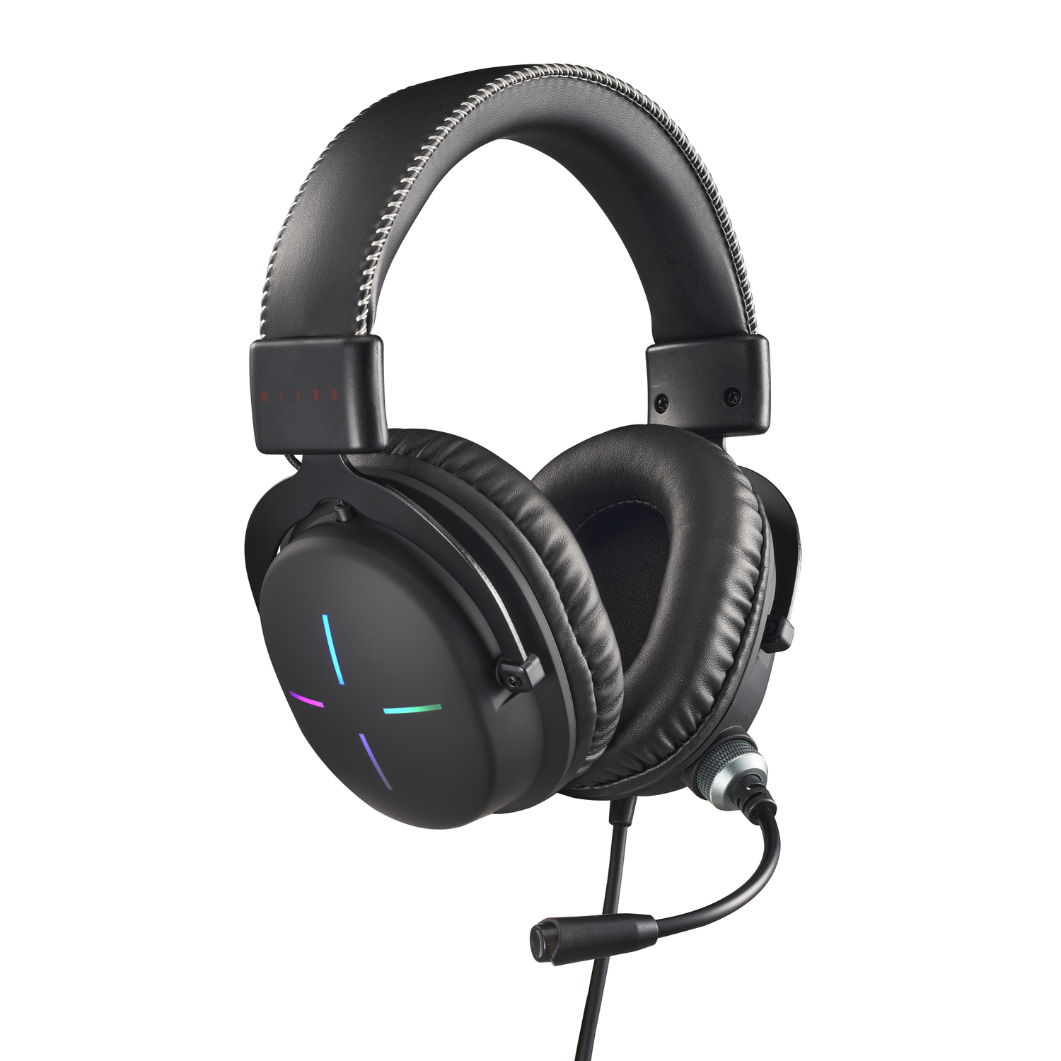 Black headset with a microphone. It has colored lights on the earcup and a cable.