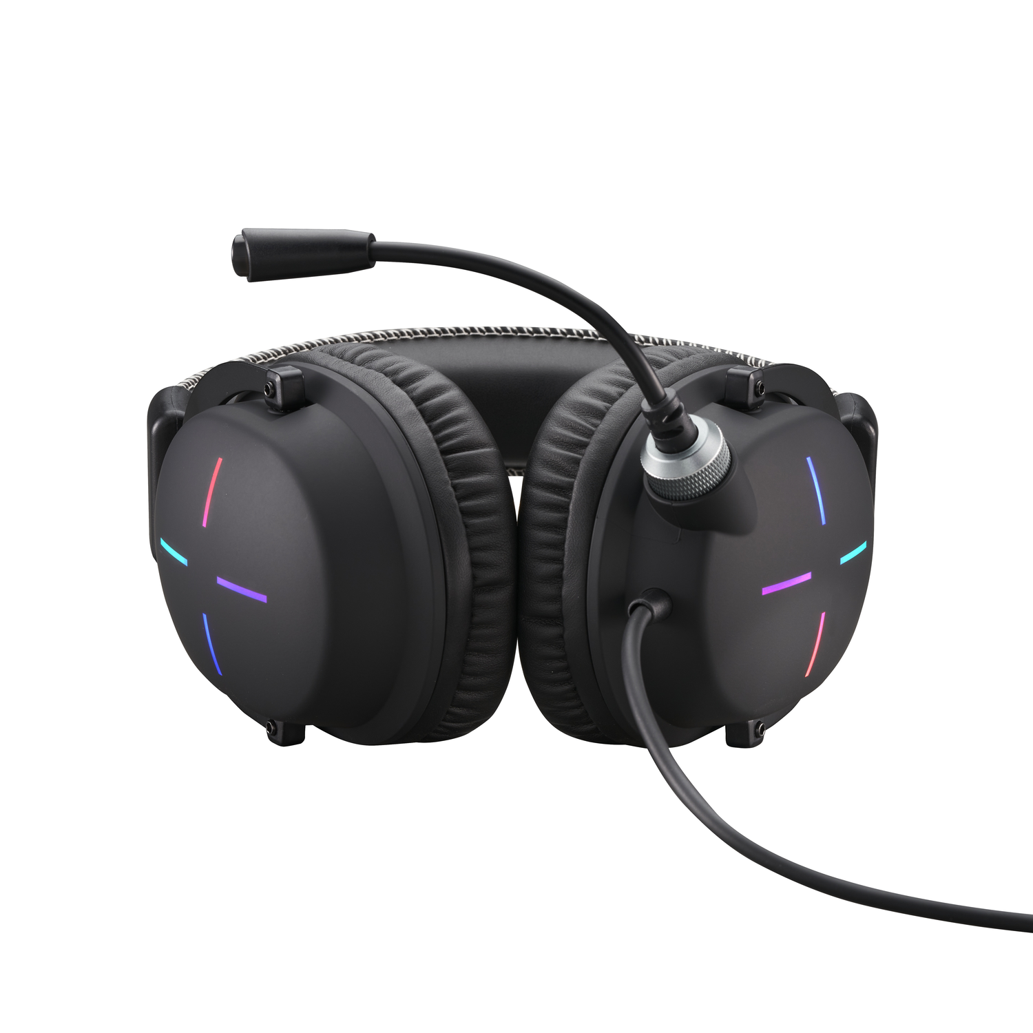 Black gaming headphones with a microphone. The earcups have colored lights.