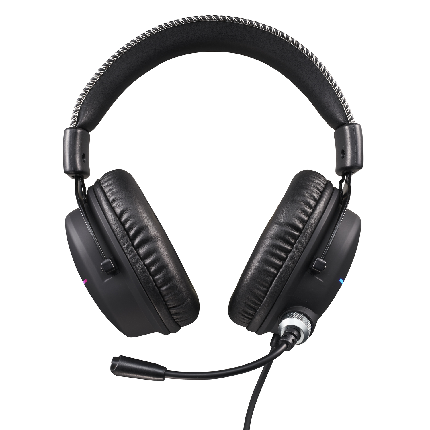 Black headphones with a microphone, against a white background, top-down view.