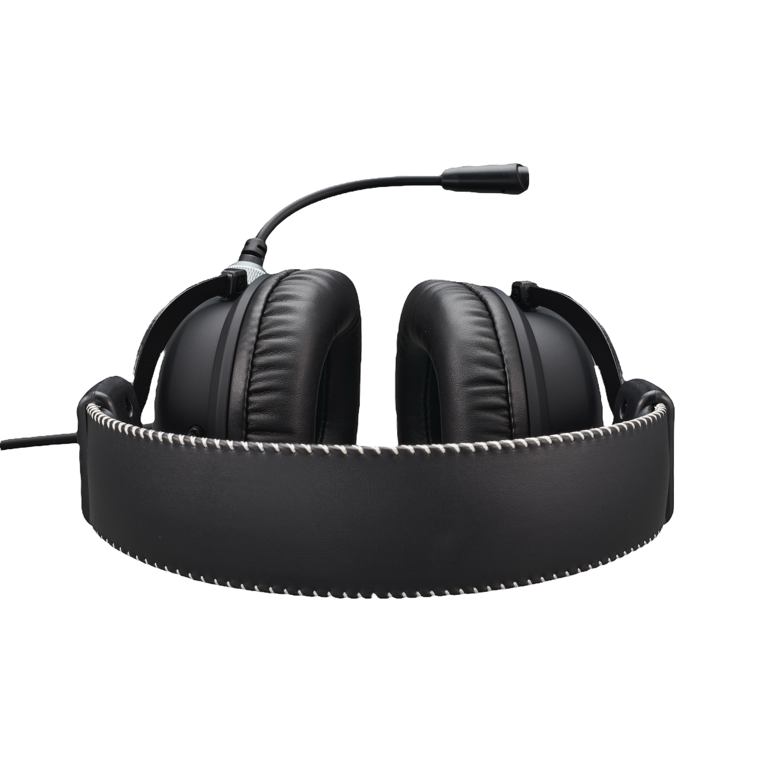 A black over-ear headphones with a microphone, on white background. 