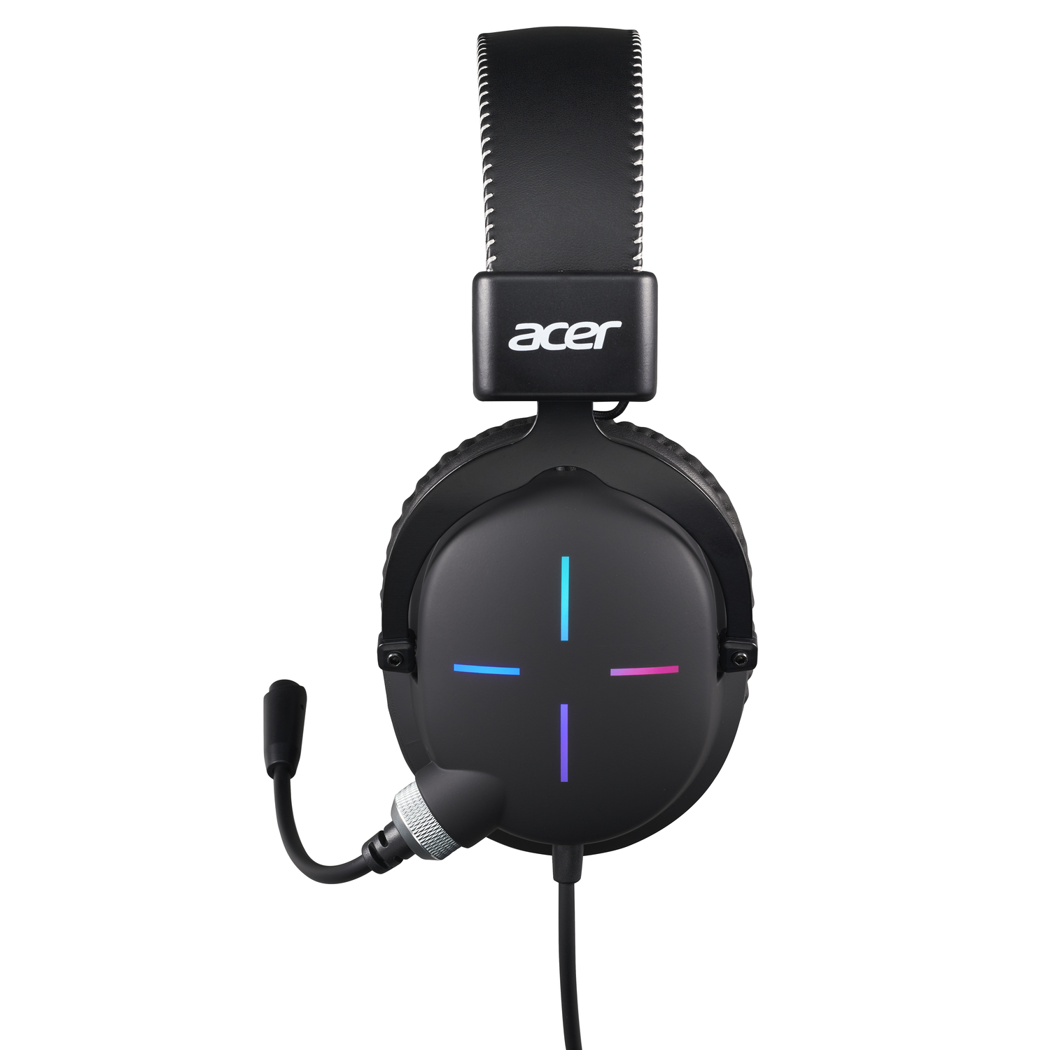 Black Acer gaming headset with microphone. Colored lights on the ear cup. White background.