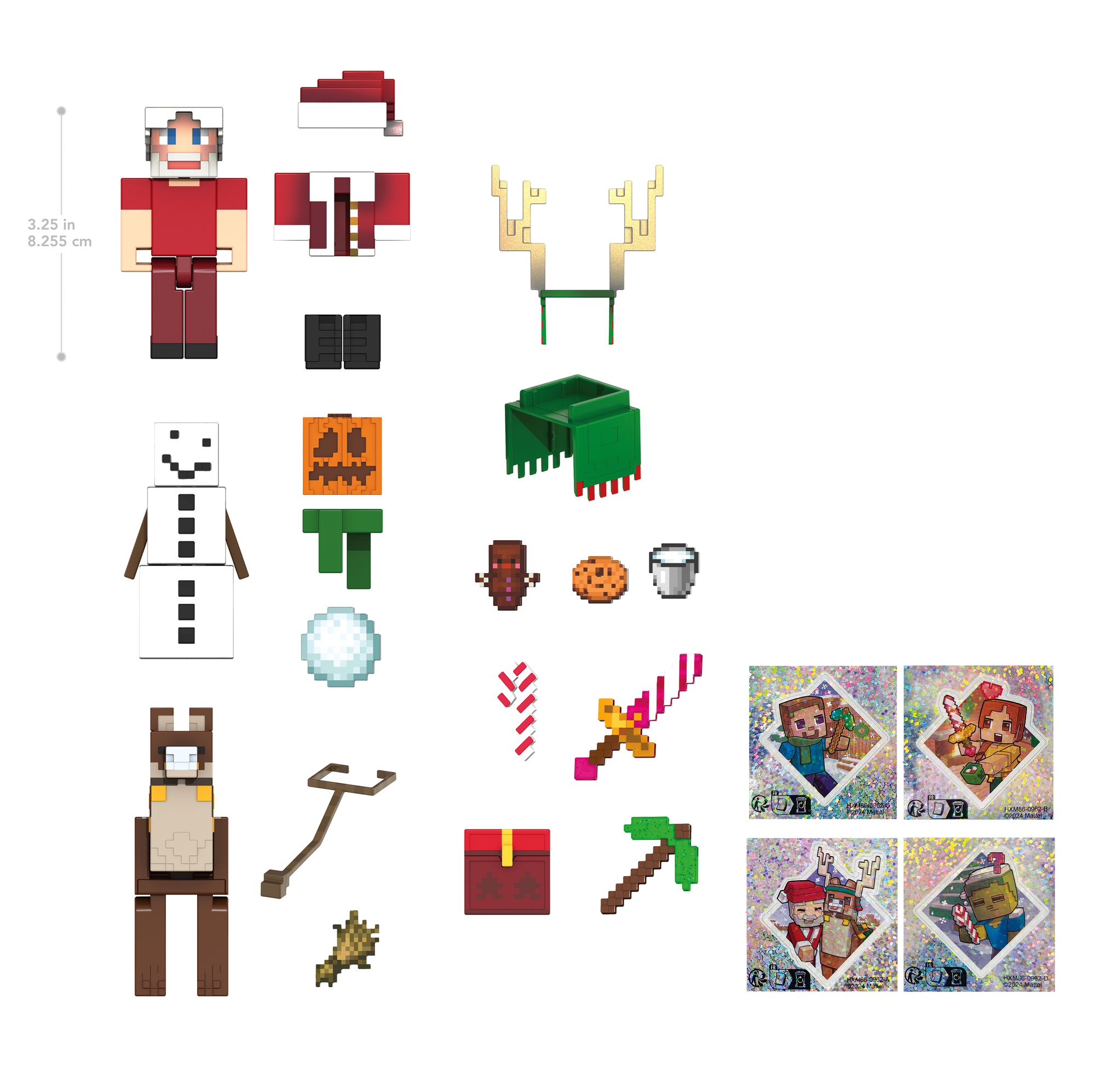 Minecraft-Figuren und Zubehör, darunter Weihnachtsmann, Rentier und andere festliche Artikel.
