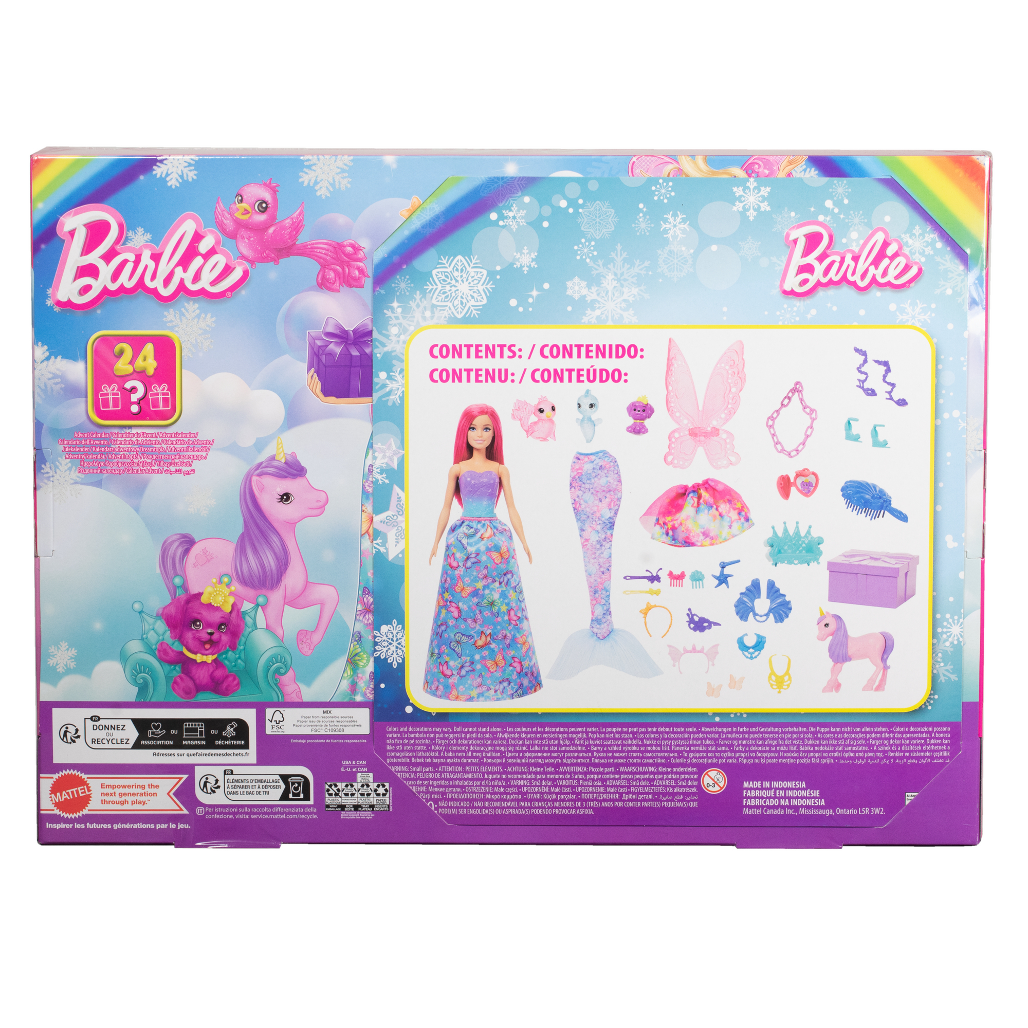 Barbie-Box mit Puppe, Zubehör und Einhorn. Der Hintergrund zeigt einen Regenbogen und Schnee.