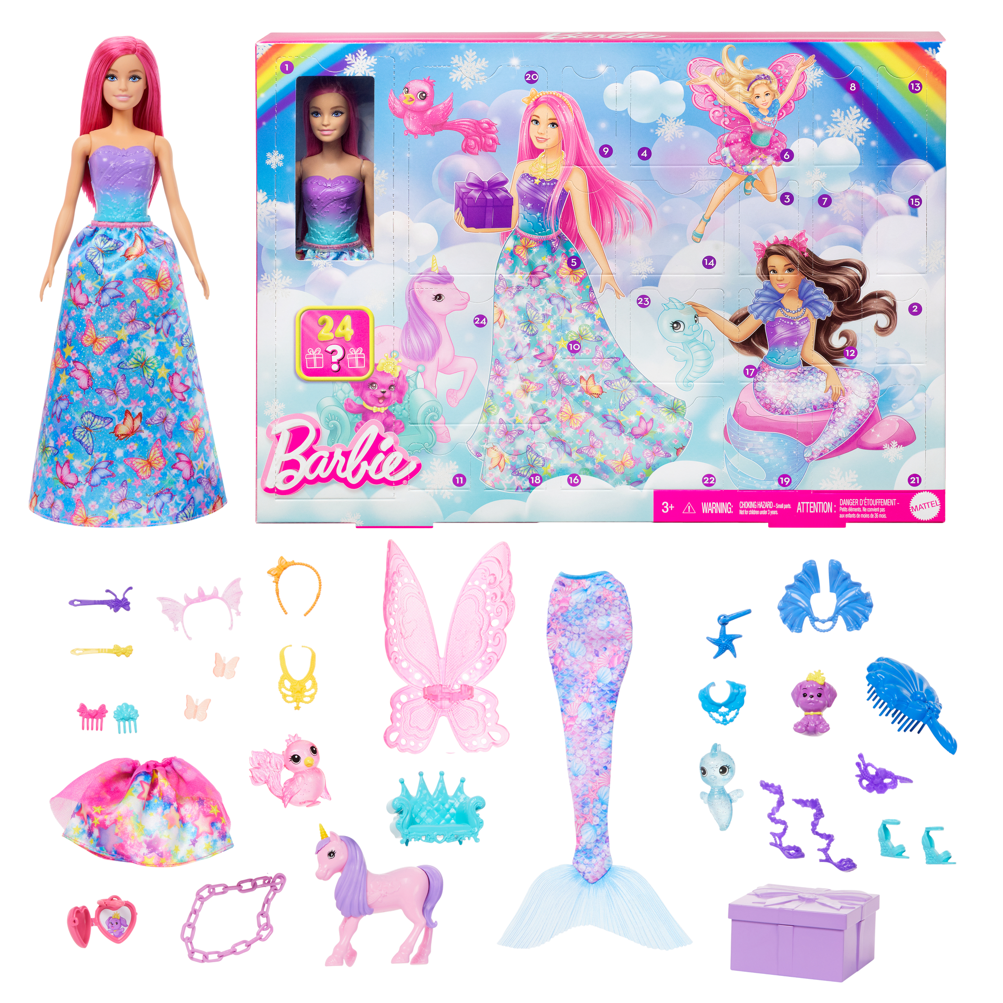 Barbie-Puppe mit Zubehör und Adventskalender mit Barbie-Bildern.