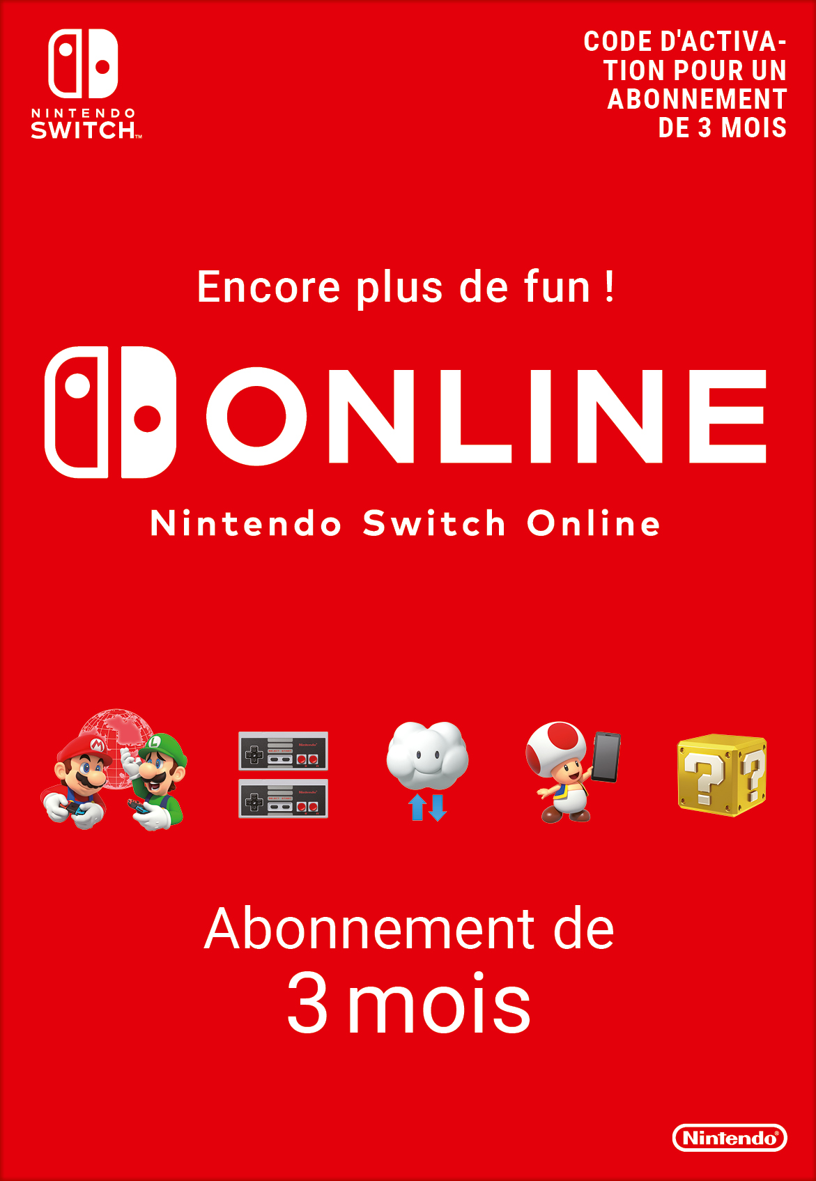 Rode achtergrond met witte Nintendo Switch Online tekst en iconen.
