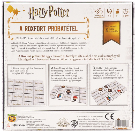 Egy Harry Potter társasjáték doboz hátulja, a játék részleteit és összetevőit mutatja.