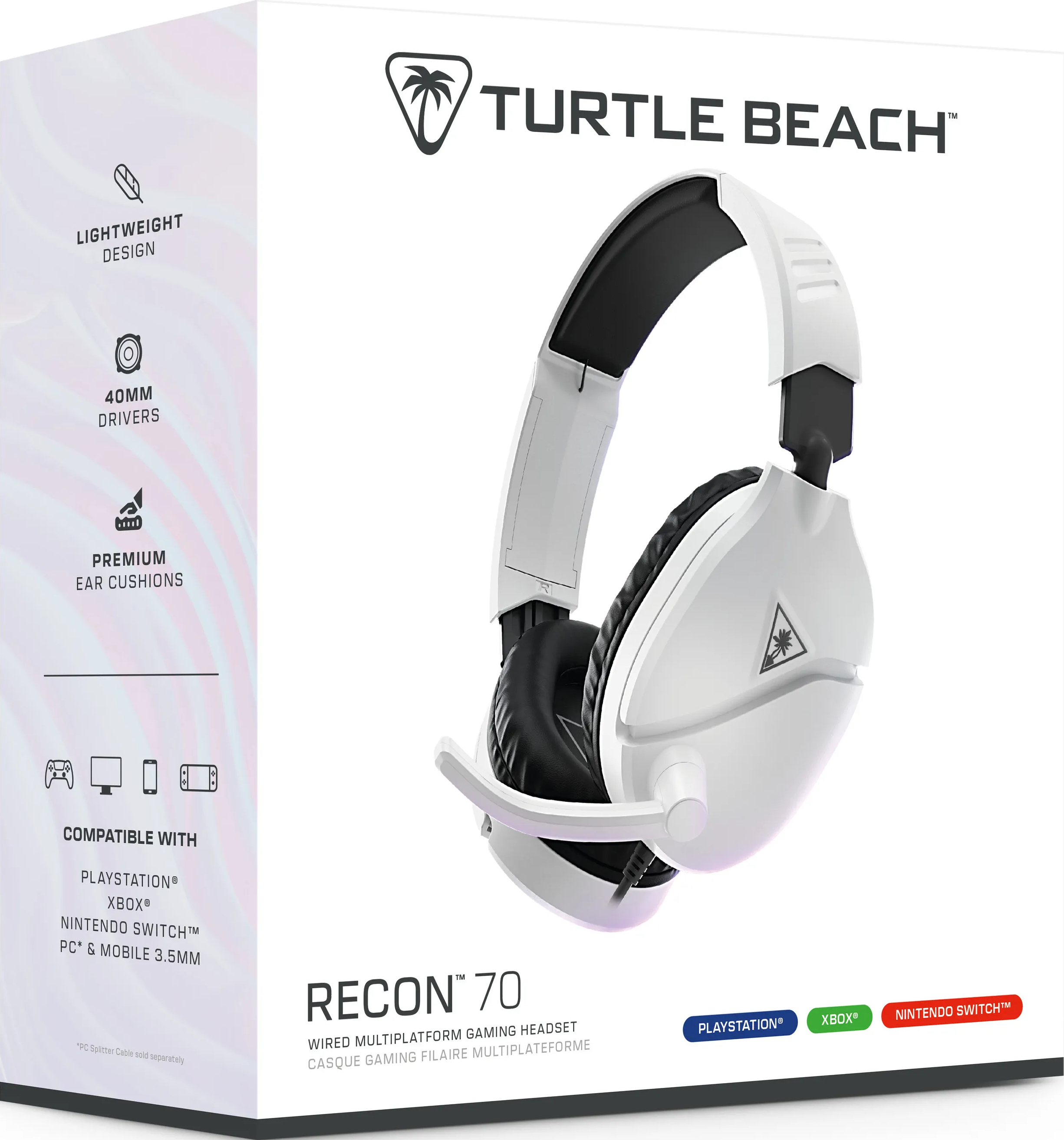 Un auricolare da gioco Turtle Beach Recon 70 bianco e nero nella sua scatola con caratteristiche del prodotto evidenziate.
