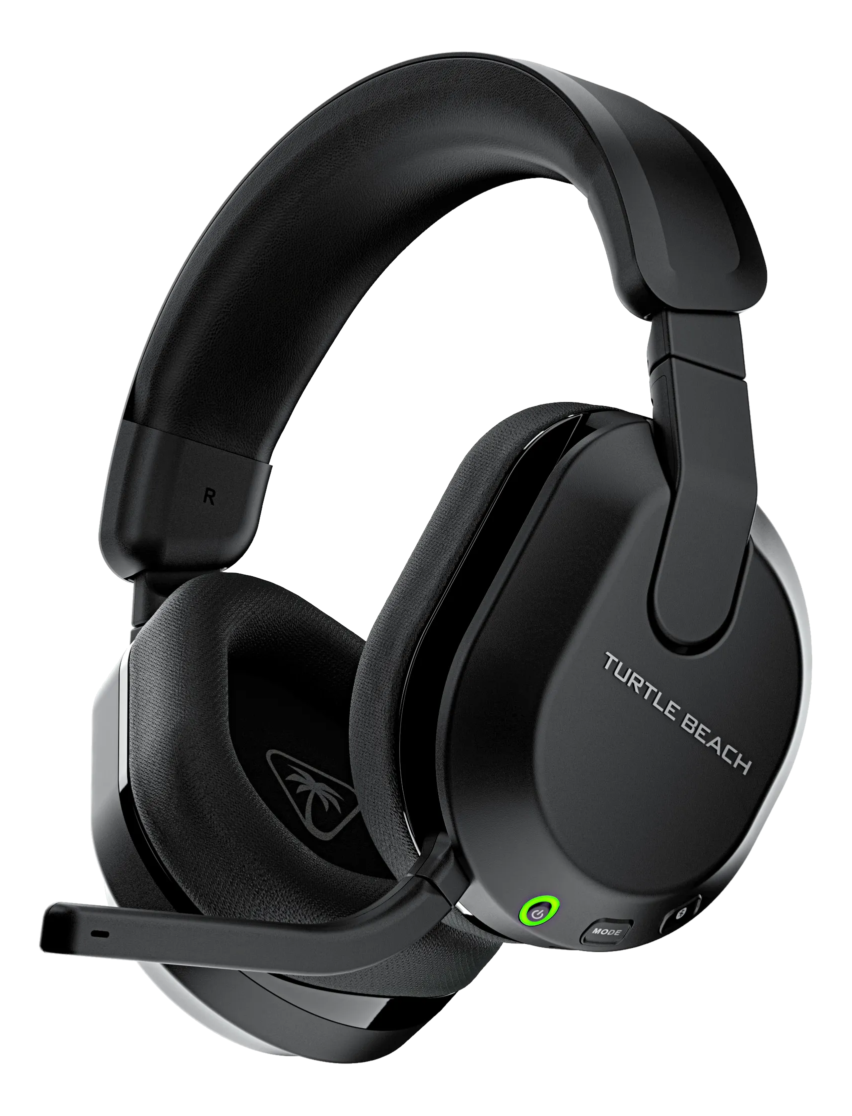 Schwarzes Turtle Beach Gaming-Headset mit Mikrofon. Grüner Power-Knopf an der Seite.