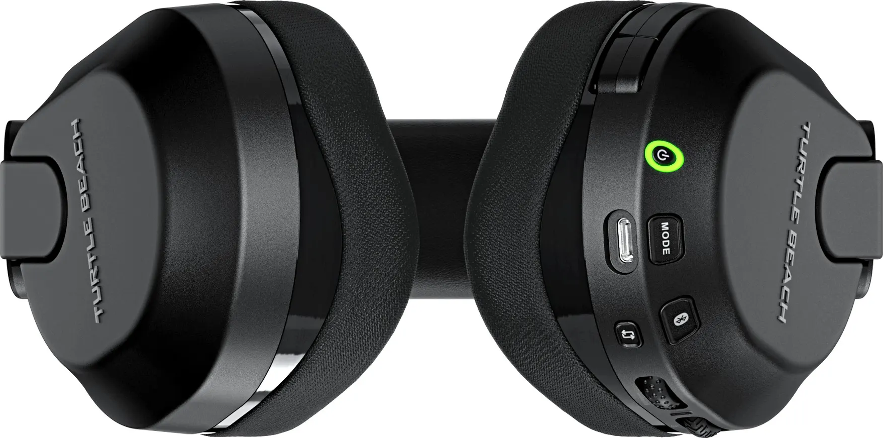 Schwarze Turtle Beach Kopfhörer. Bedienelemente auf der rechten Ohrmuschel: Ein/Aus, Modus und Bluetooth-Tasten. Isoliert.