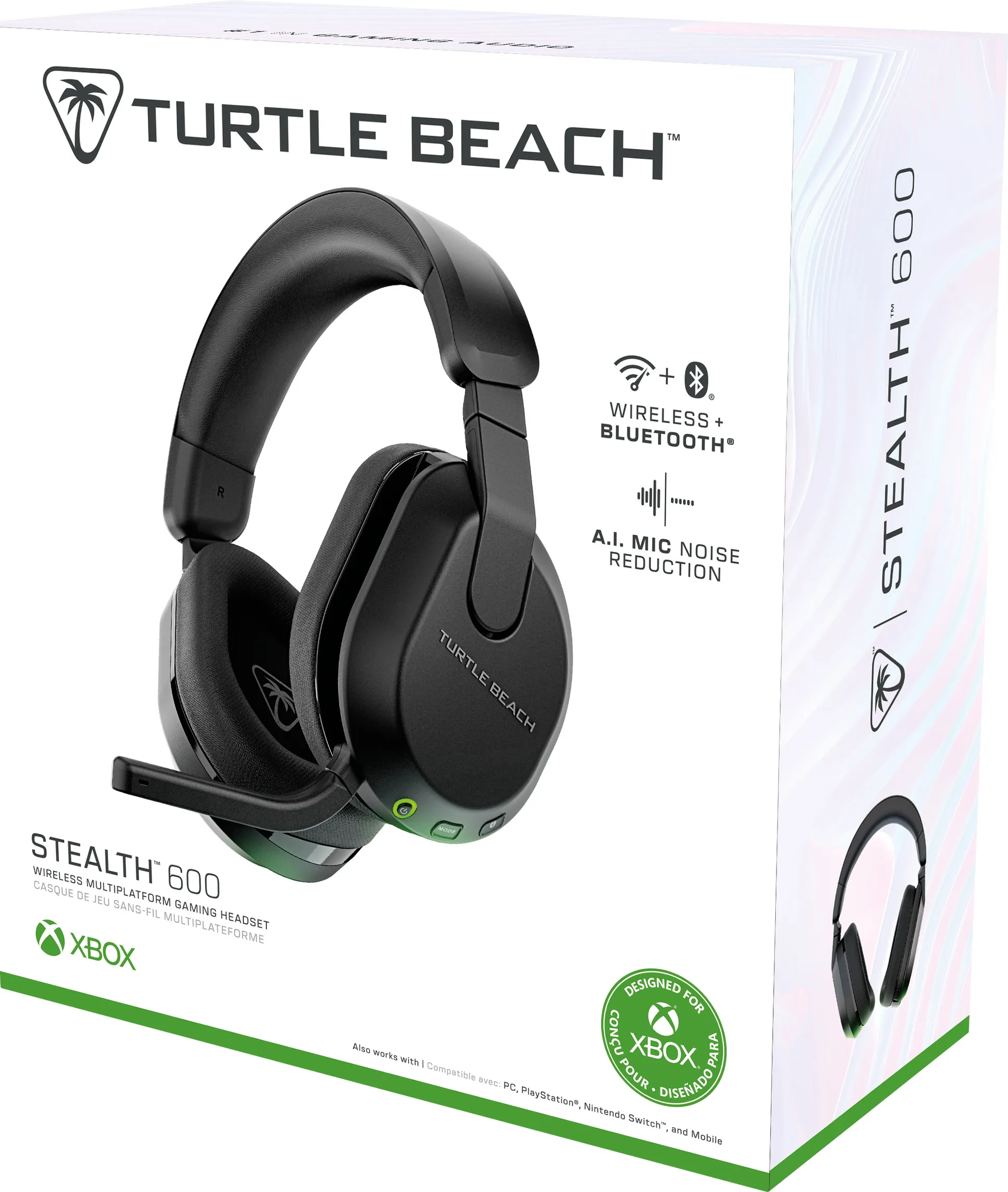 Schwarzes Gaming-Headset in einer weißen Box mit Text und Grafiken.