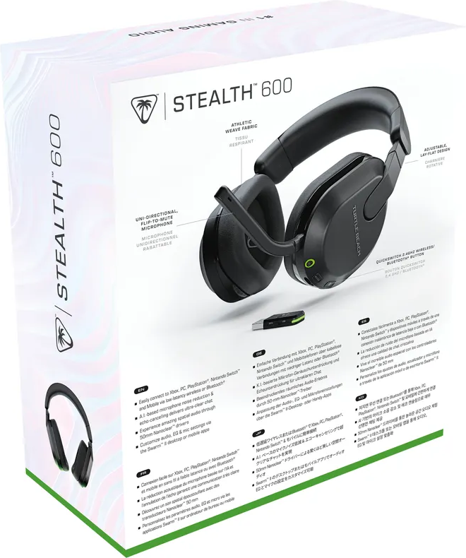 Kopfhörerbox mit Grafik des Headsets. Text-Details zu den Funktionen. Weiße, schwarze und grüne Farben.