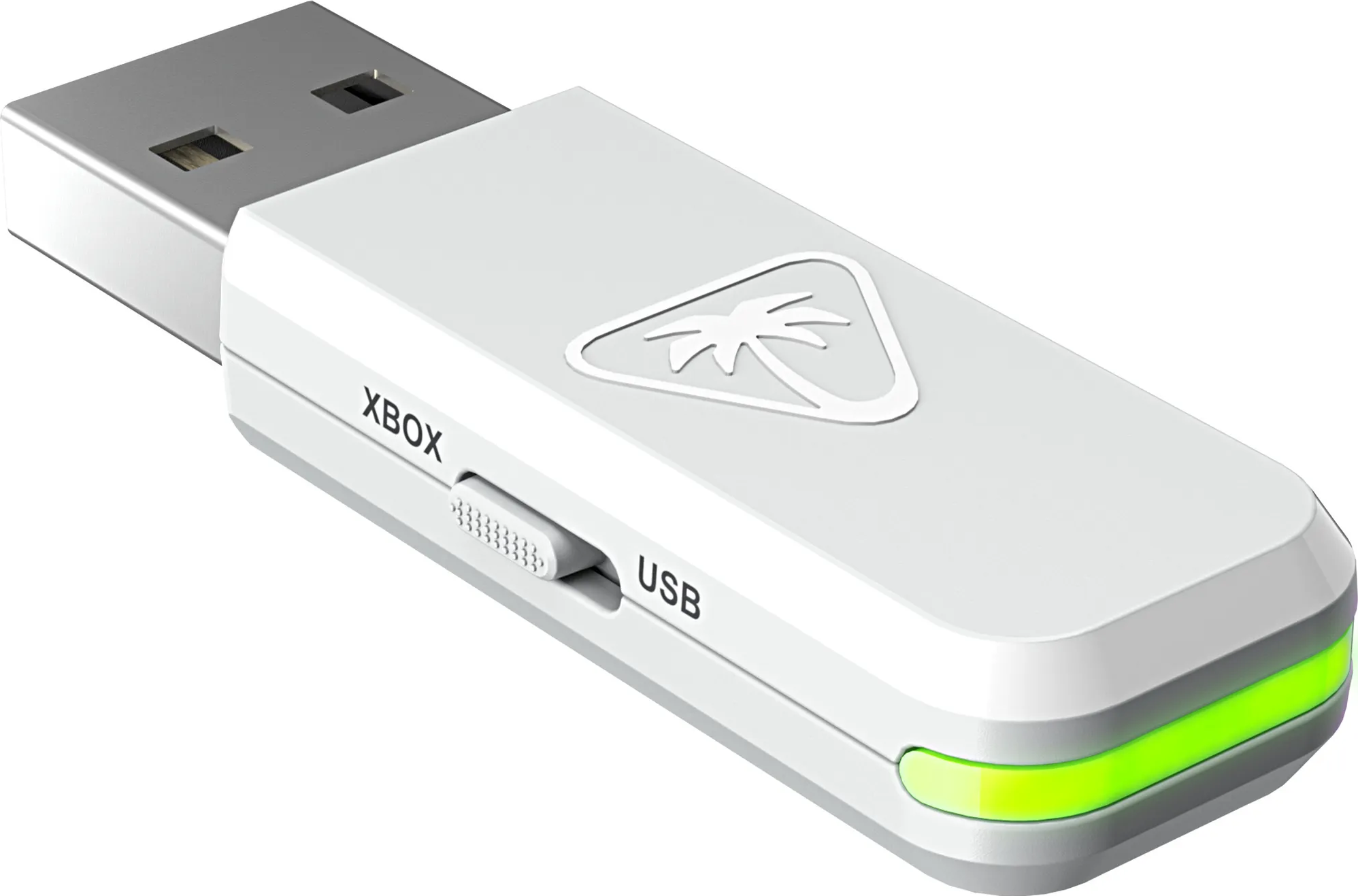 Ein weißer Xbox USB-Adapter mit grünem Licht am Ende und einem USB/XBOX-Schalter.